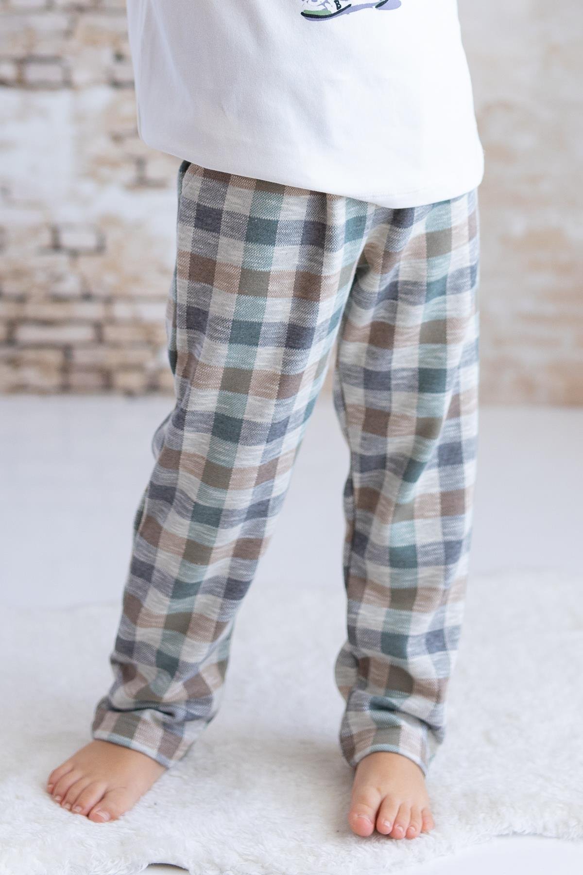 Erkek Bebek Ayı Baskılı Ekose Pantolon Takım - Yeşil