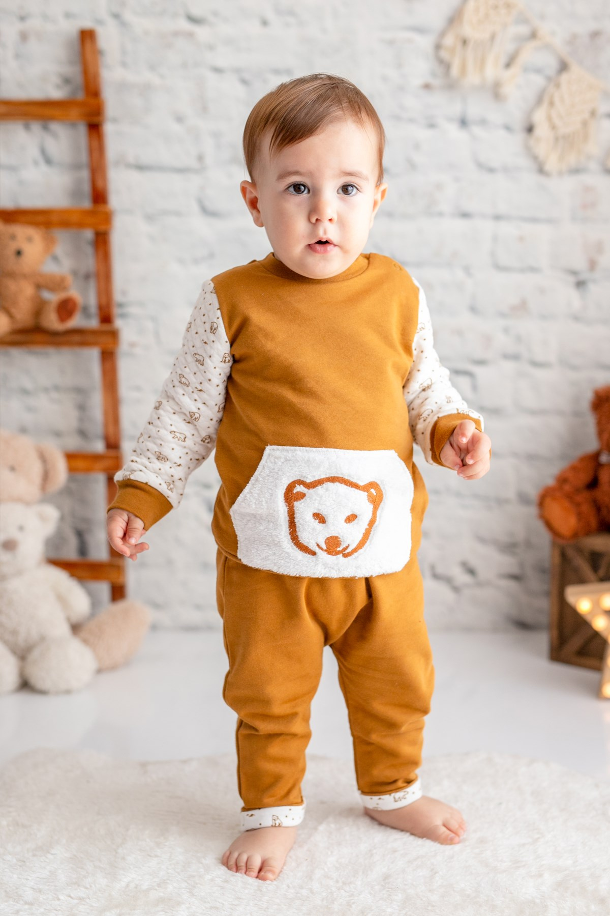 Erkek Bebek Ayıcık Peluş Cepli İkili Takım (6ay-4yaş)