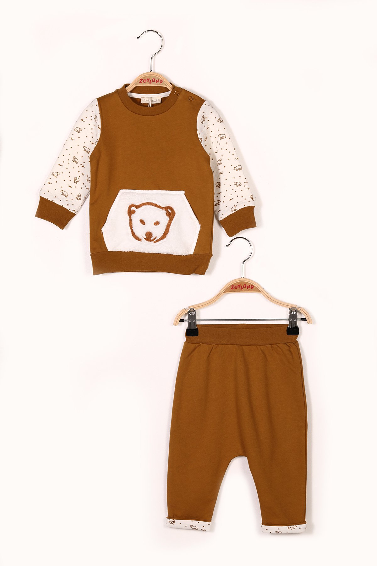 Erkek Bebek Ayıcık Peluş Cepli İkili Takım (6ay-4yaş)