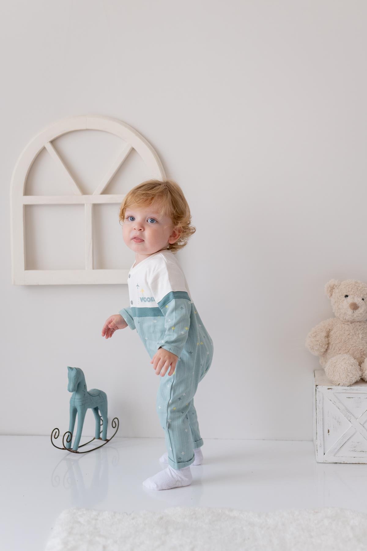 Erkek Bebek Baskılı Örme Tulum - Mint