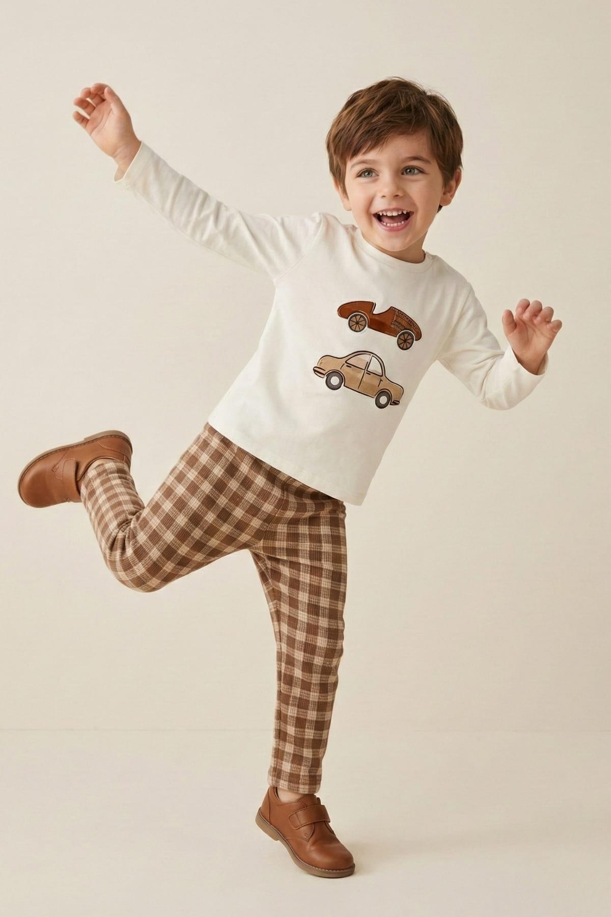 Erkek Bebek Baskılı T-shirt Ekose Pantolon Takım - Bej