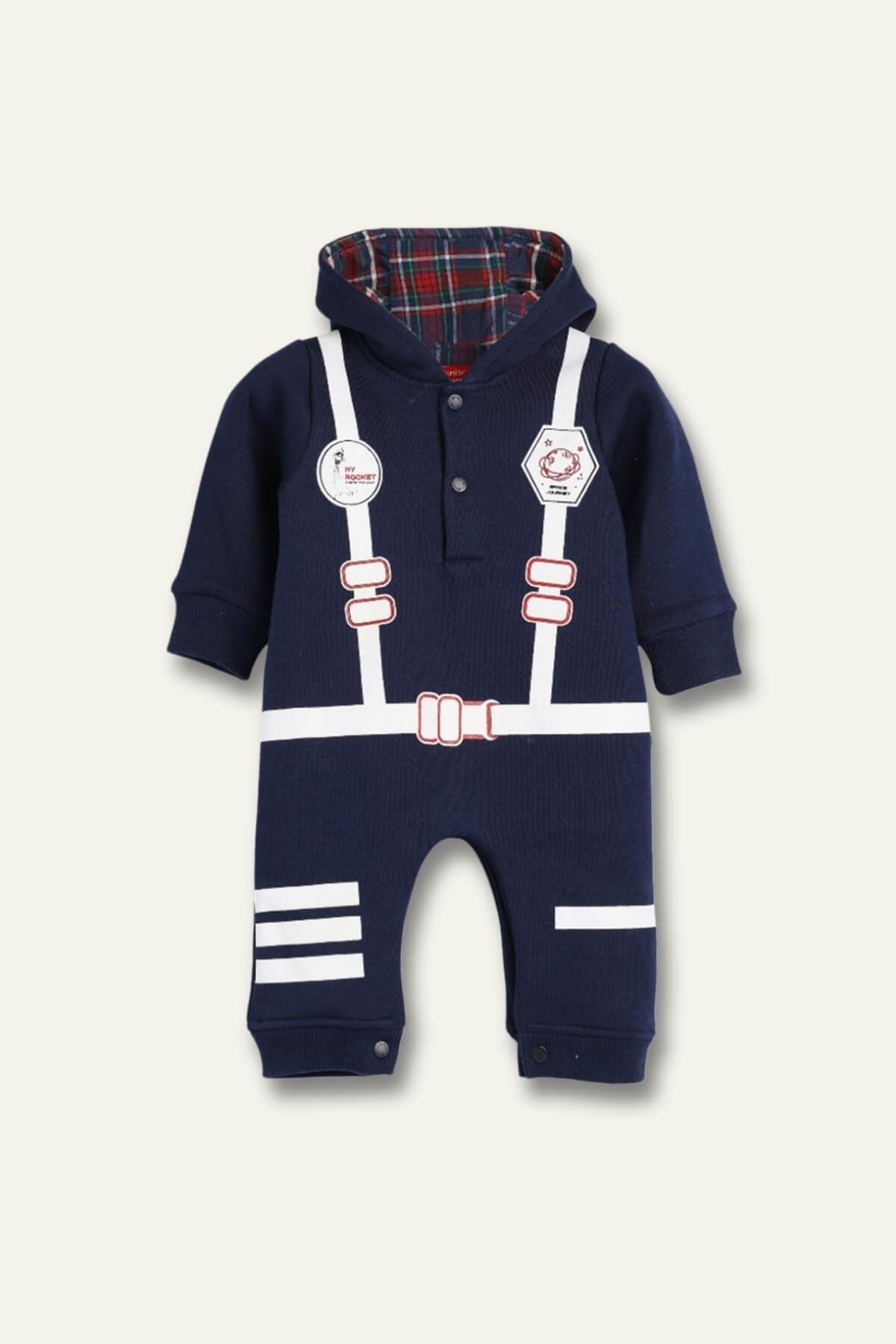 Erkek Bebek Desenli Kapüşonlu Tulum - Lacivert