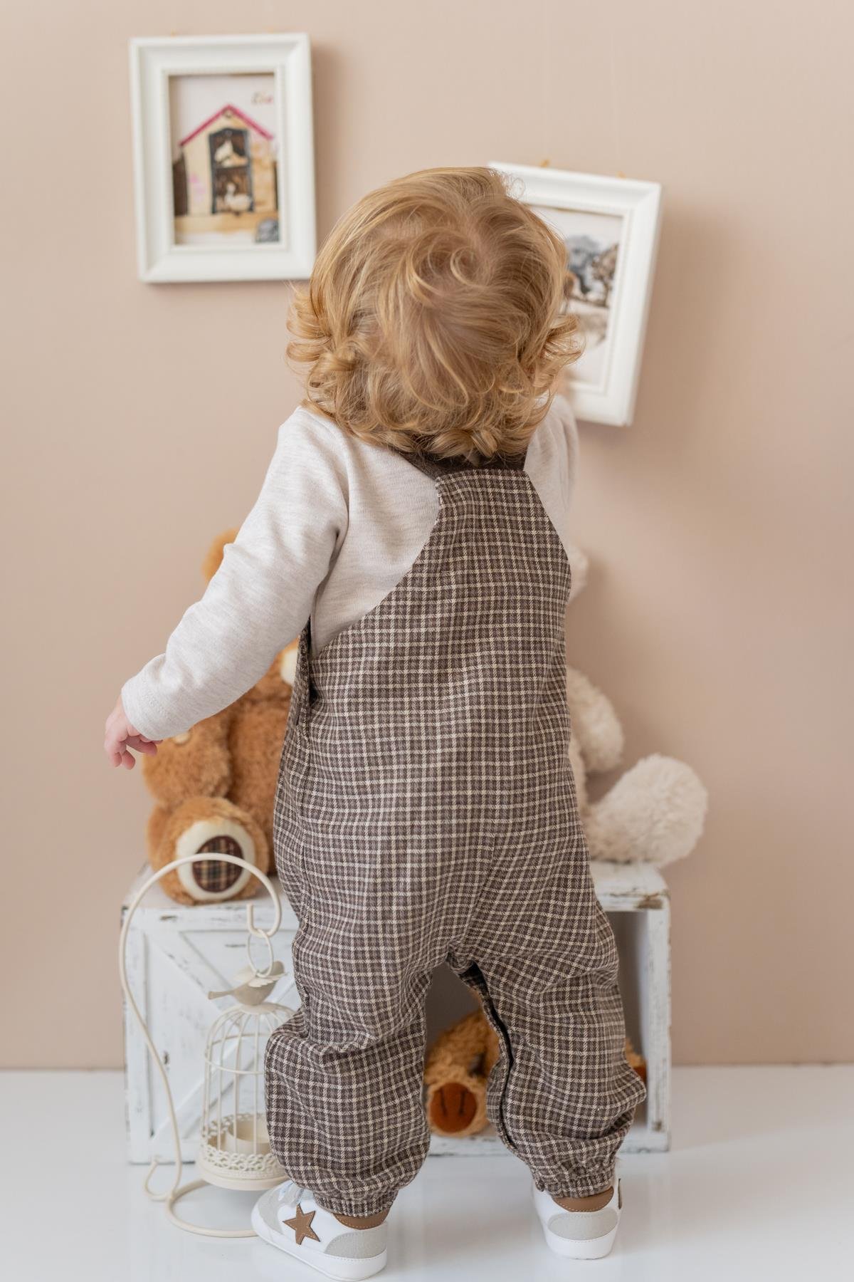Erkek Bebek Ekose Desen Salopet ve T-shirt Takım - Kahve