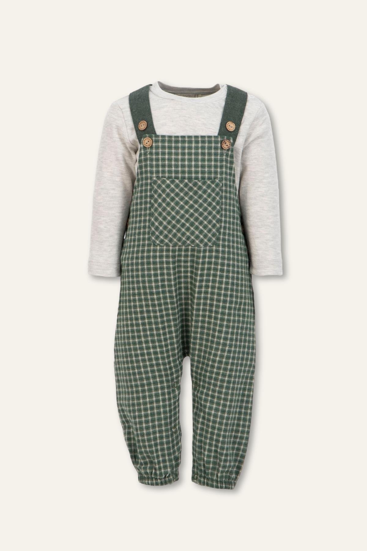 Erkek Bebek Ekose Desen Salopet ve T-shirt Takım - Haki