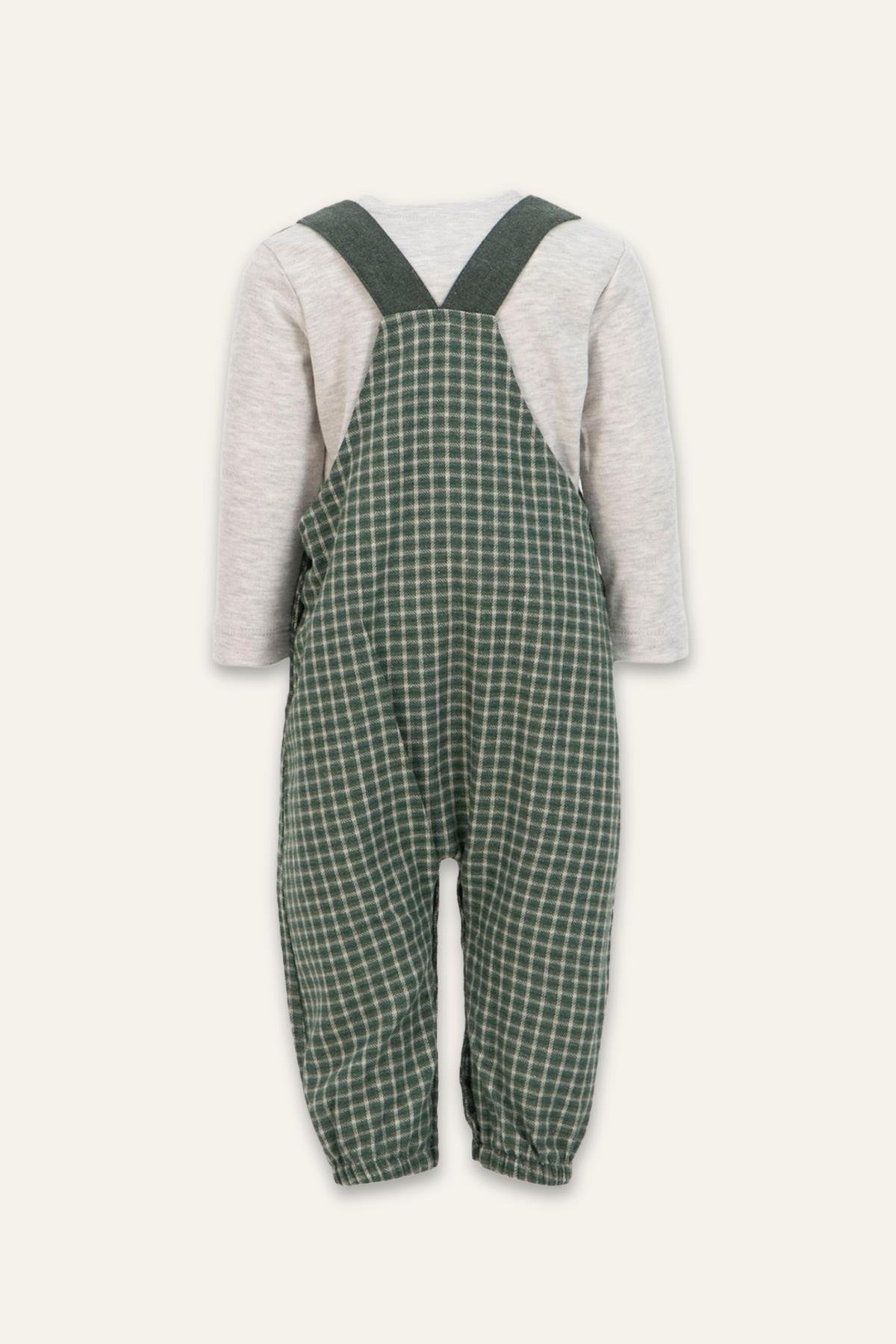 Erkek Bebek Ekose Desen Salopet ve T-shirt Takım - Haki