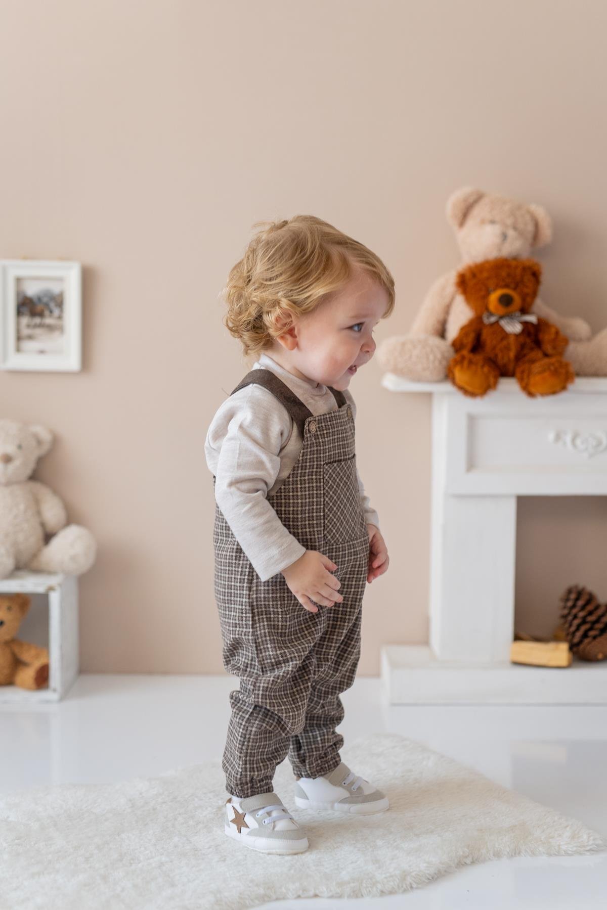 Erkek Bebek Ekose Desen Salopet ve T-shirt Takım - Kahve