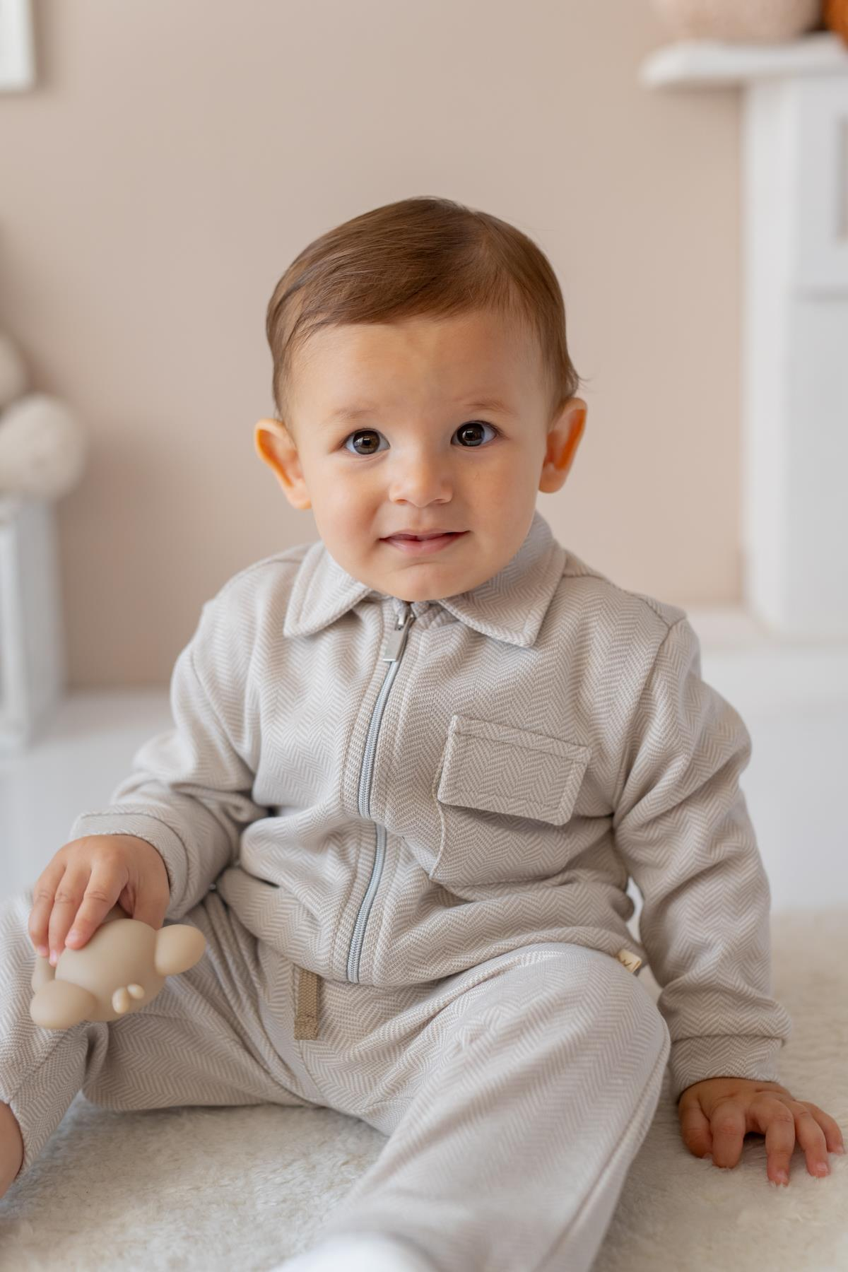 Erkek Bebek Fermuarlı Örme Ceket - Bej