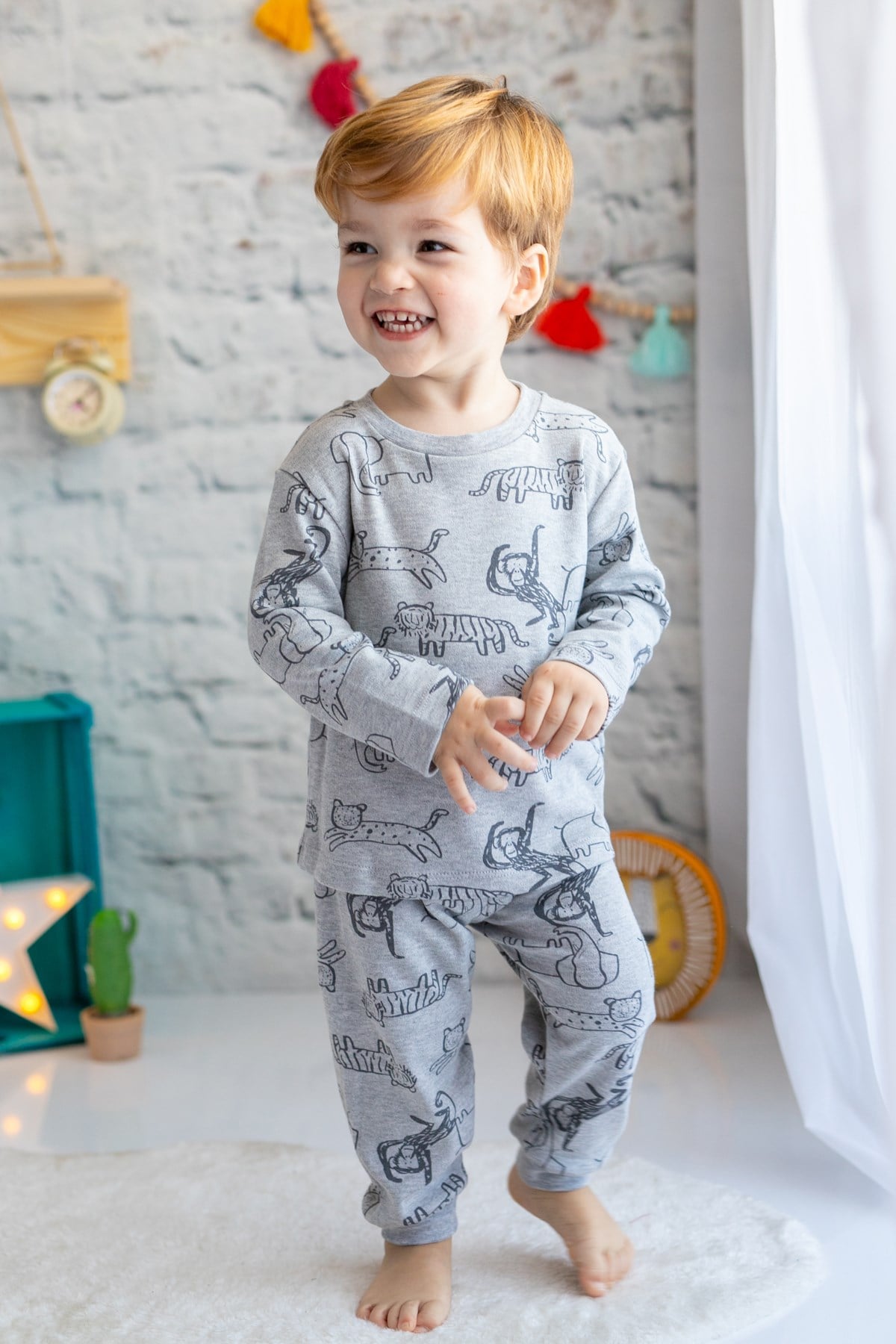 Erkek Bebek Gri Hayvan Desenli Pijama Takımı (1-4yaş)