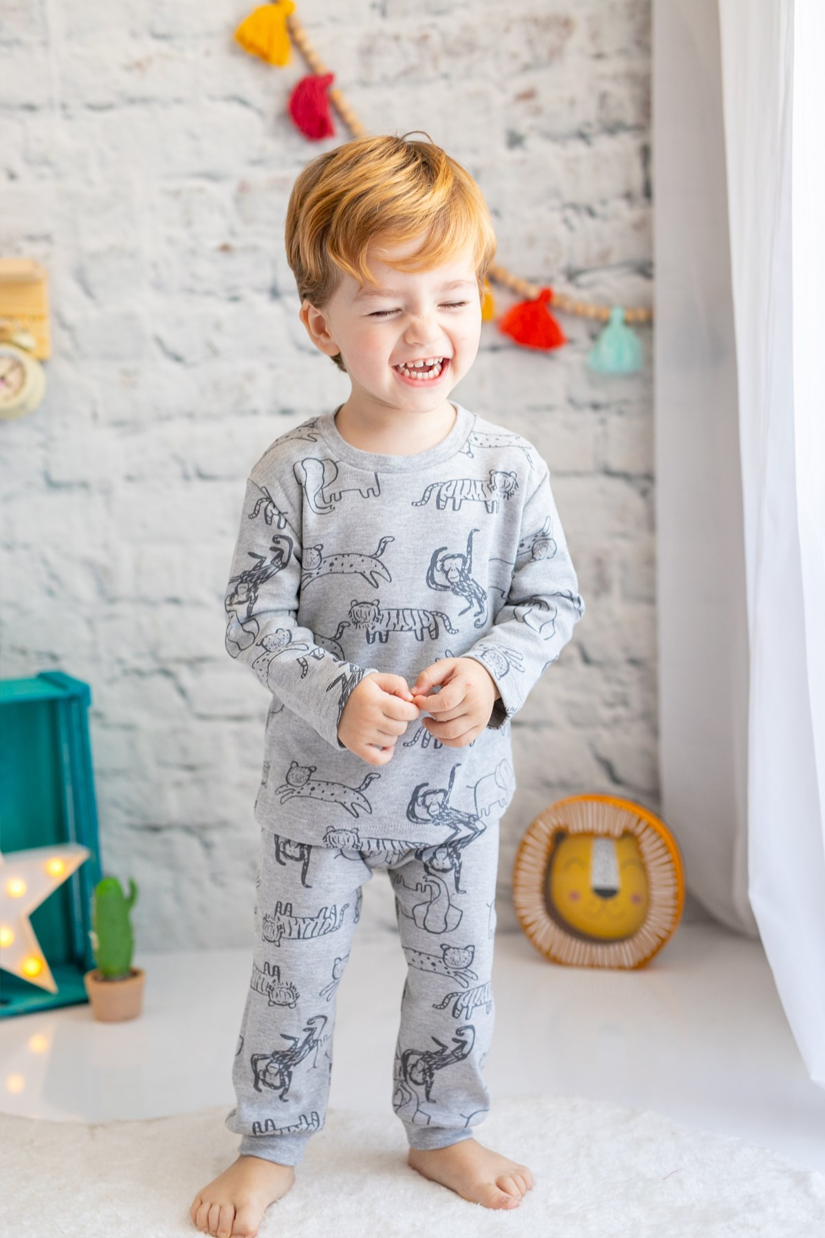 Erkek Bebek Gri Hayvan Desenli Pijama Takımı (1-4yaş)