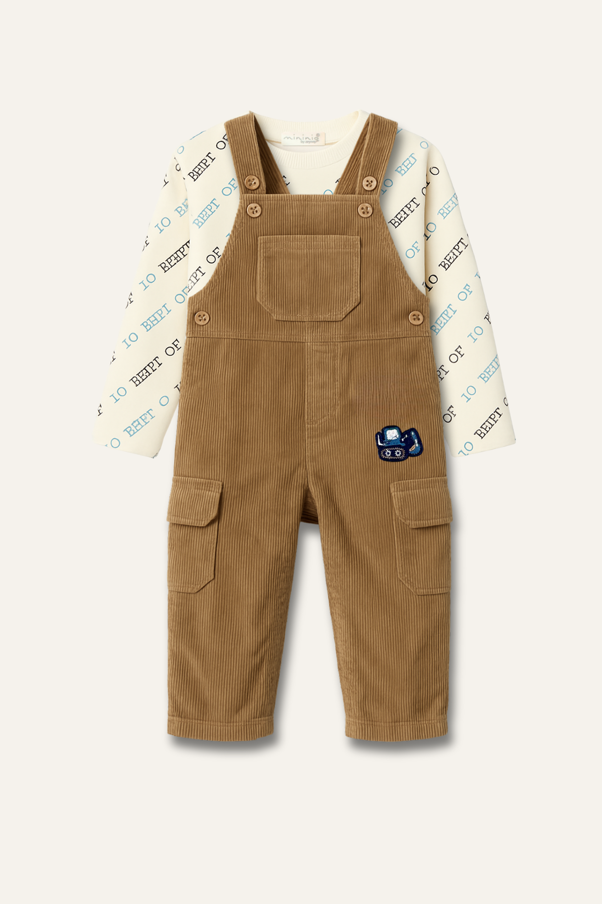 Erkek Bebek Kadife Salopet ve T-shirt İkili Takım - Bej