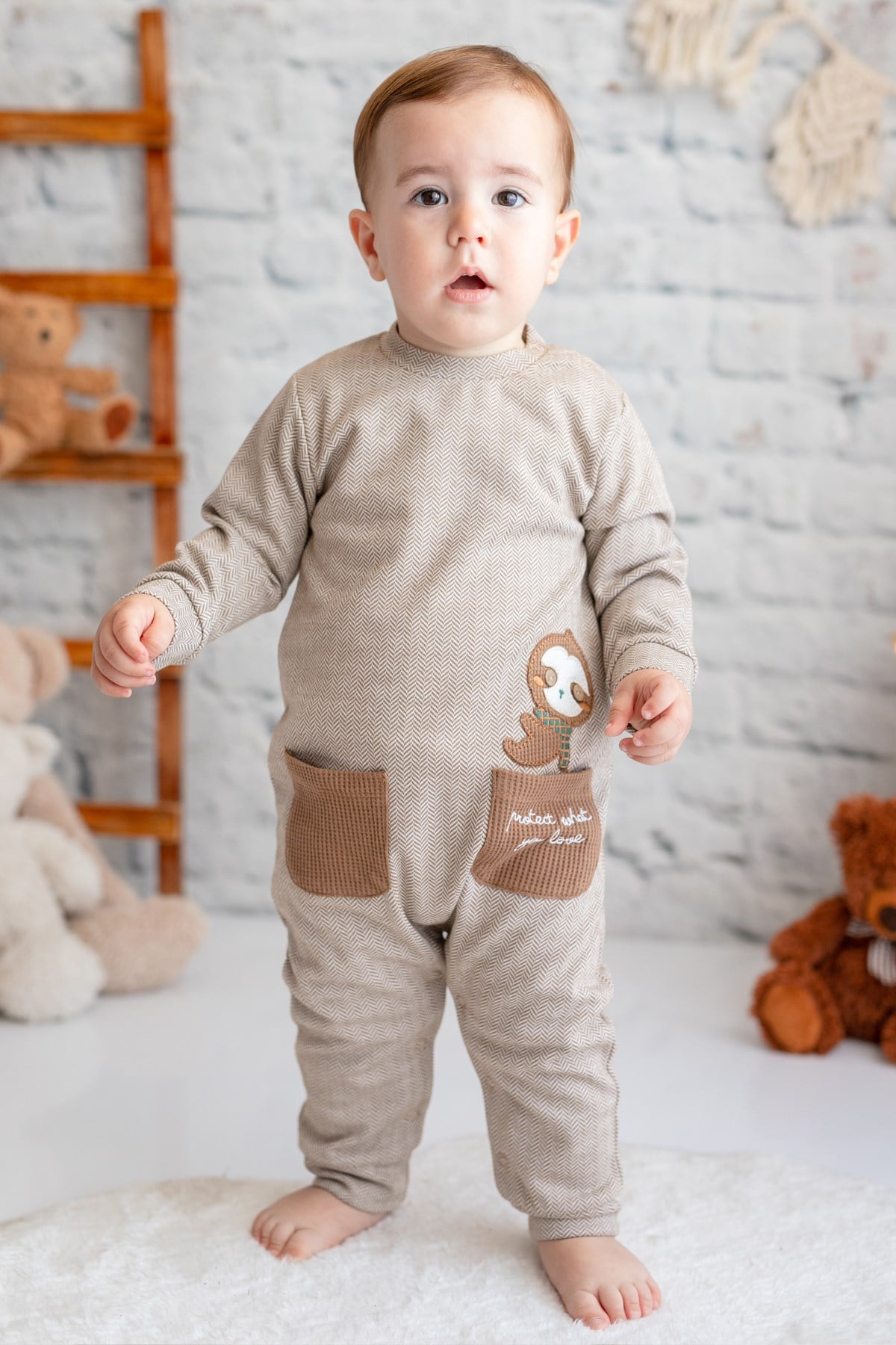 Erkek Bebek Kahverengi Nakışlı Tulum (3-24ay)