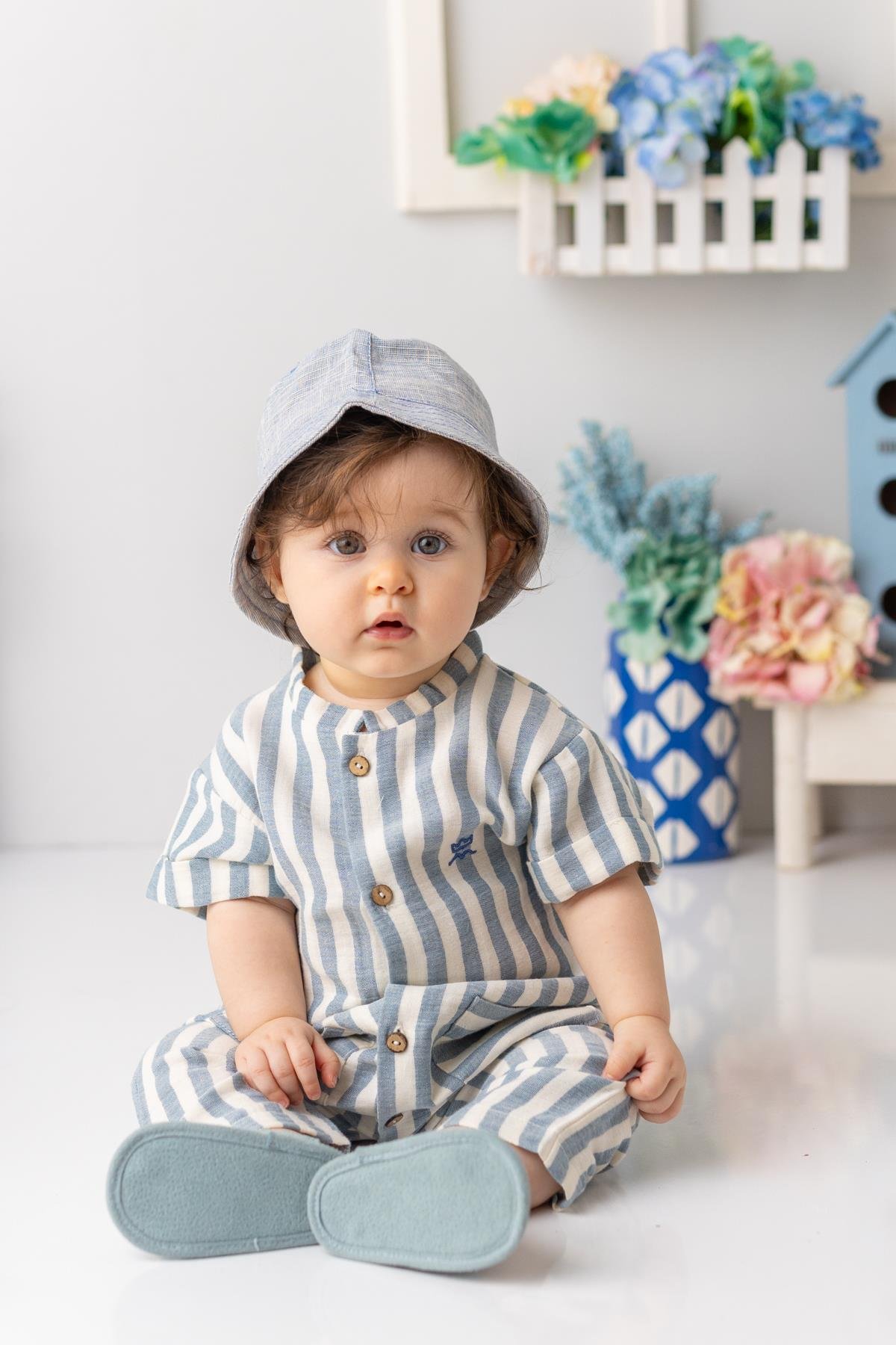 Erkek Bebek Kısa Kollu Müslin Tulum - İndigo