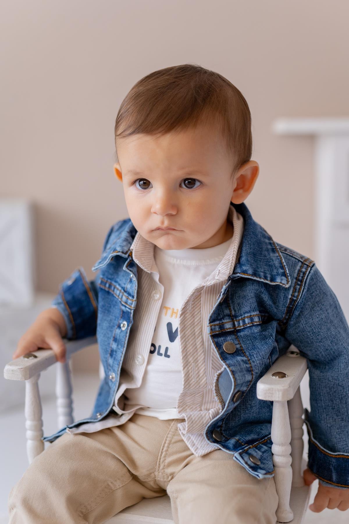 Erkek Bebek Kot Ceketli Dörtlü Takım - Bej