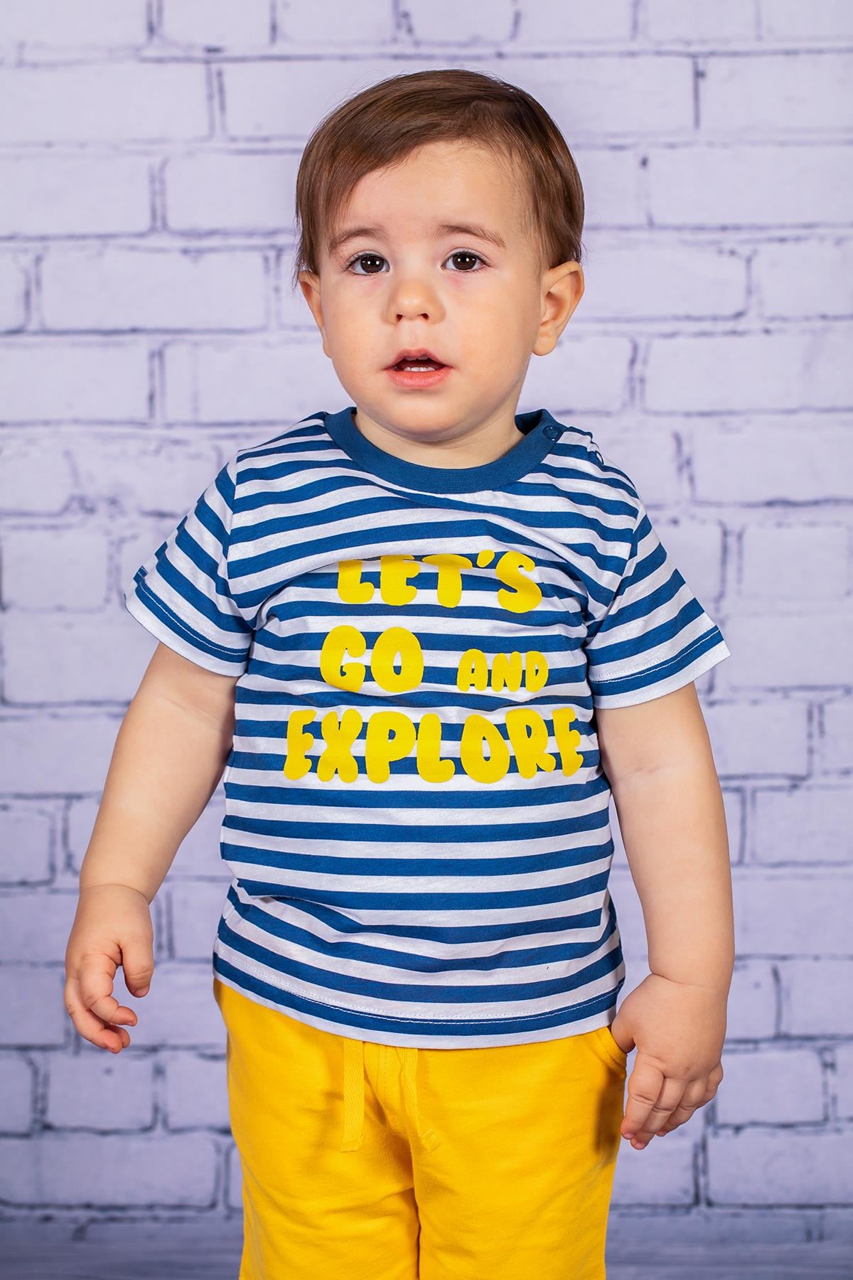 Erkek Bebek Let's Go Baskılı Çizgili T-shirt