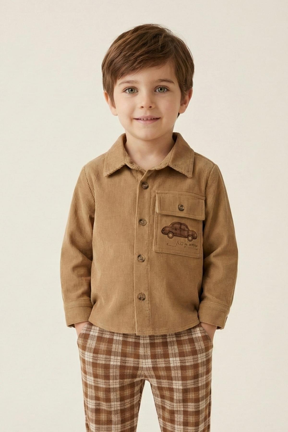 Erkek Bebek Nakışlı Fitilli Kadife Gömlek - Bej