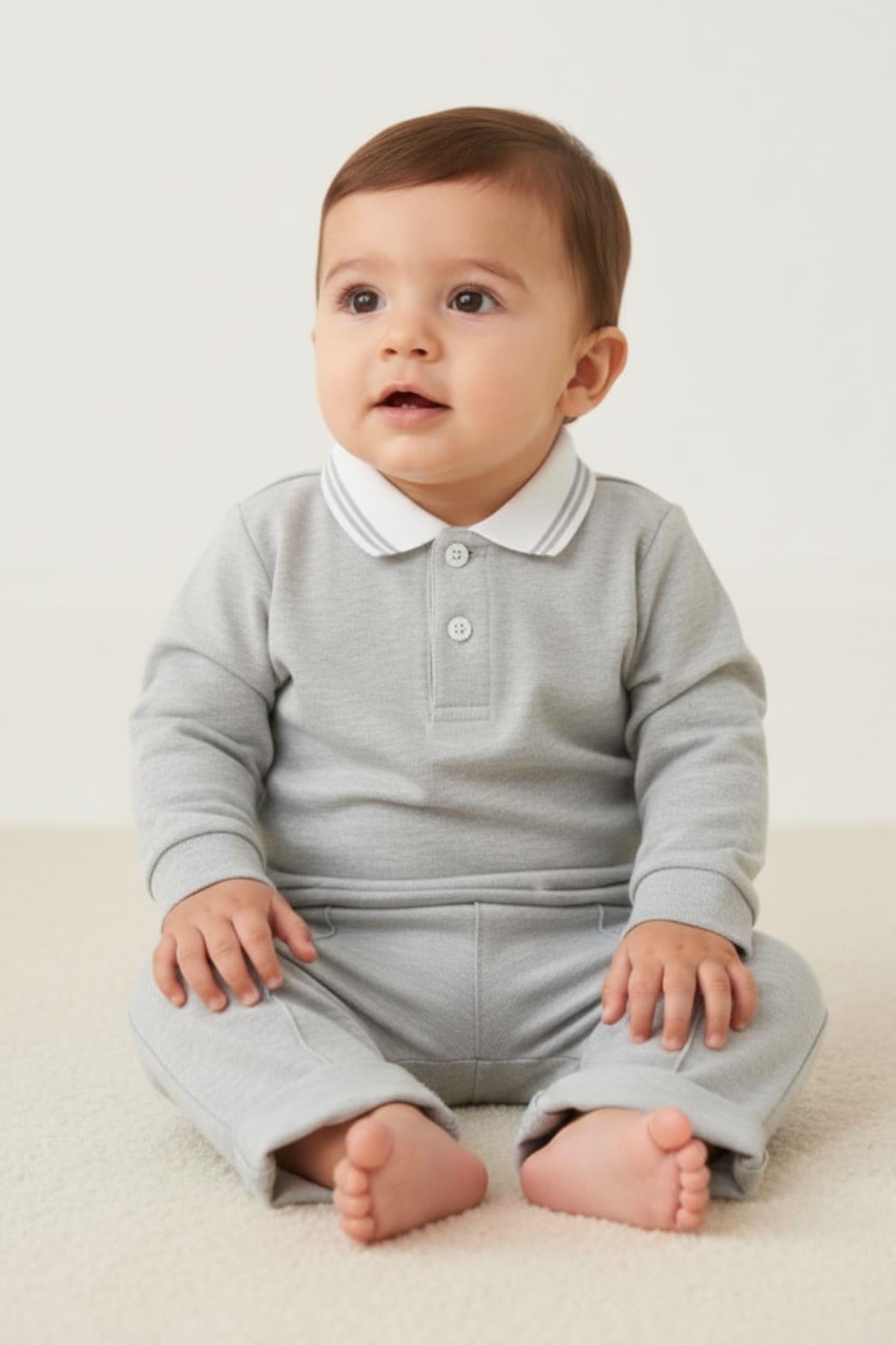 Erkek Bebek Polo Yaka T-shirt ve Pantolon Takım - Gri