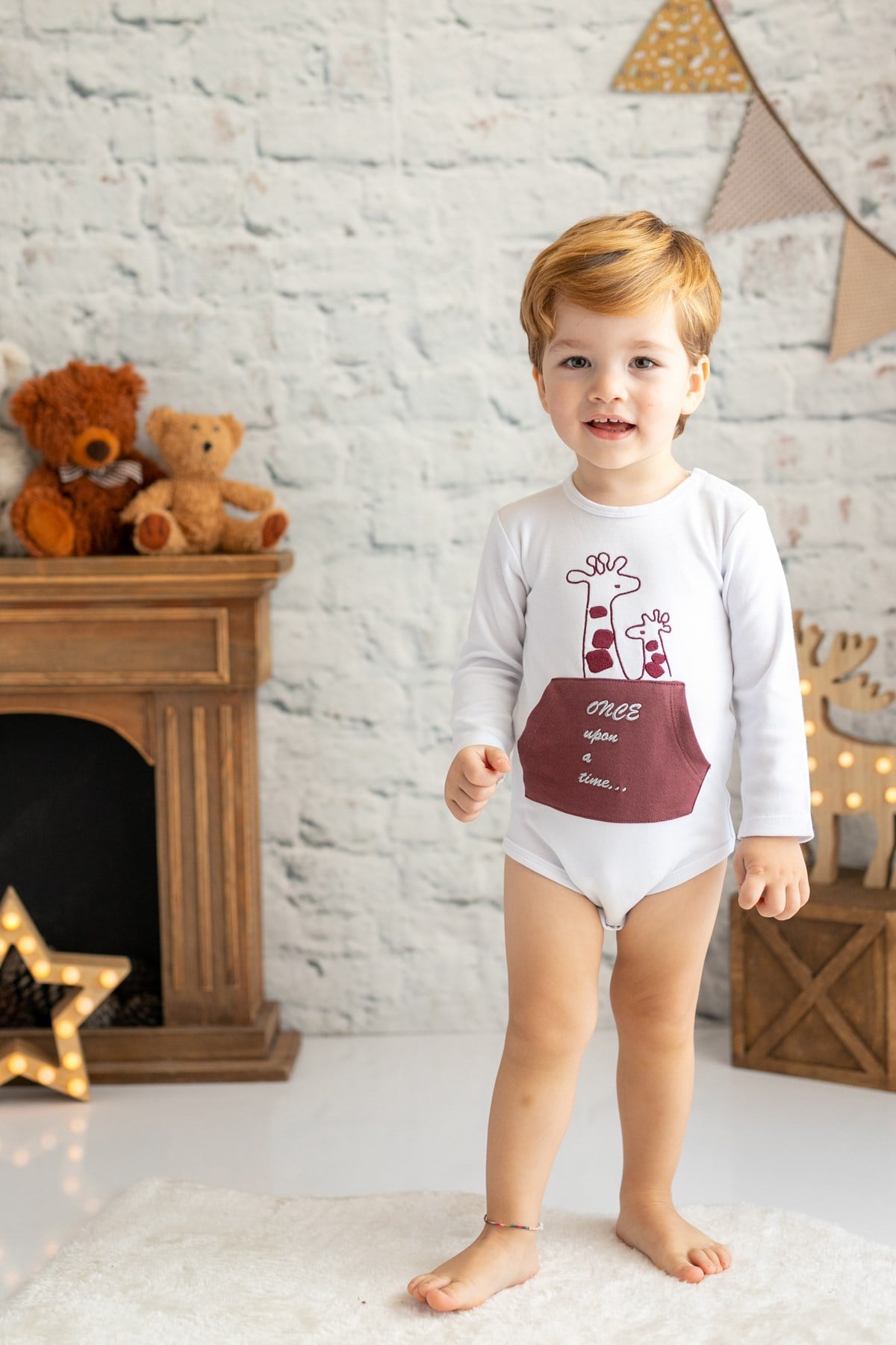 Erkek Bebek Zürafa Nakışlı Beyaz Body (3-24ay)