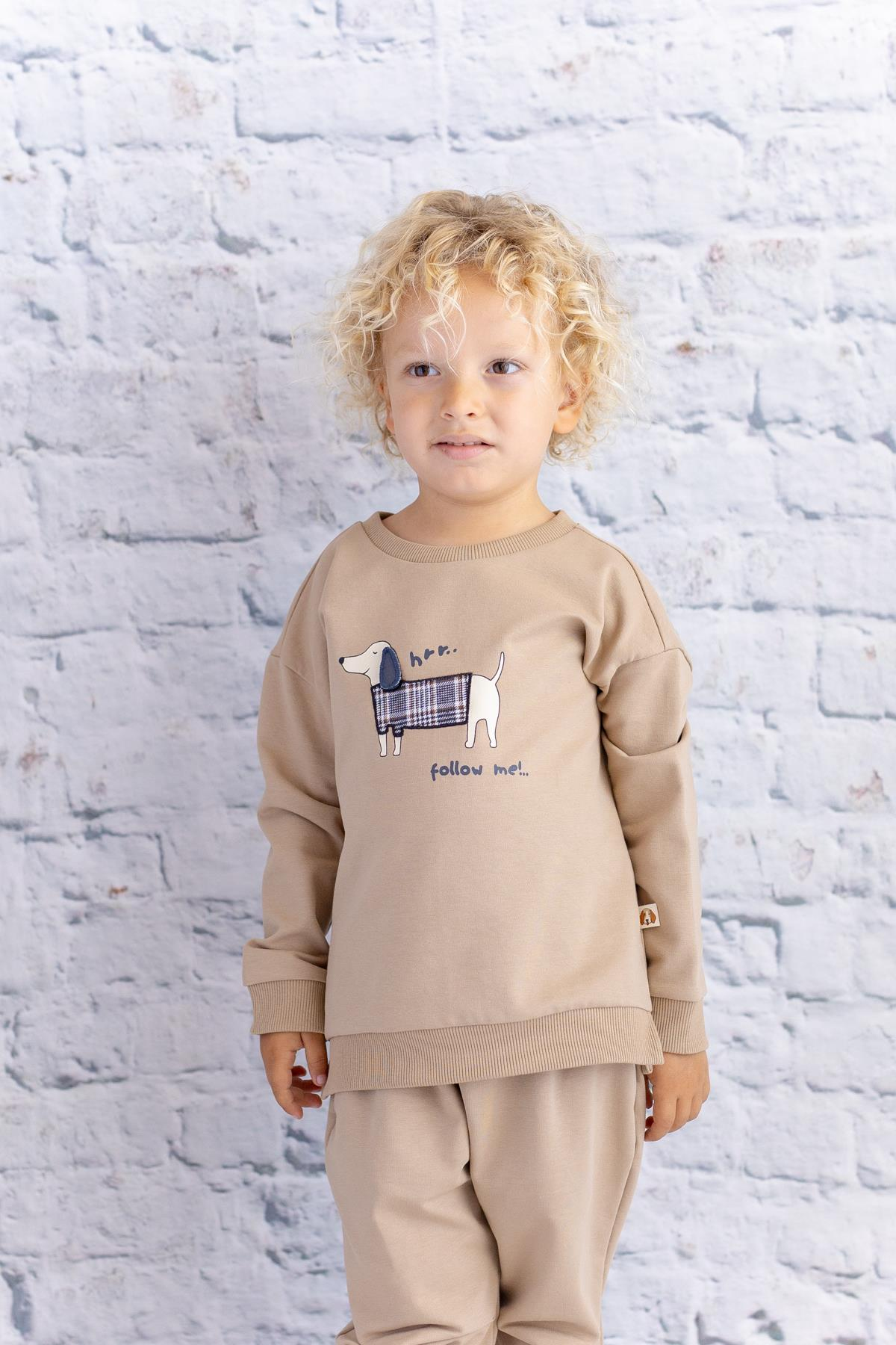 Erkek Çocuk Baskı Nakış Detaylı Sweatshirt - Bej