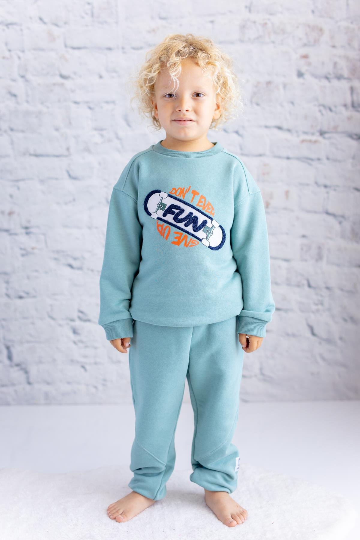 Erkek Çocuk Baskı Nakış Detaylı Sweatshirt - Mint