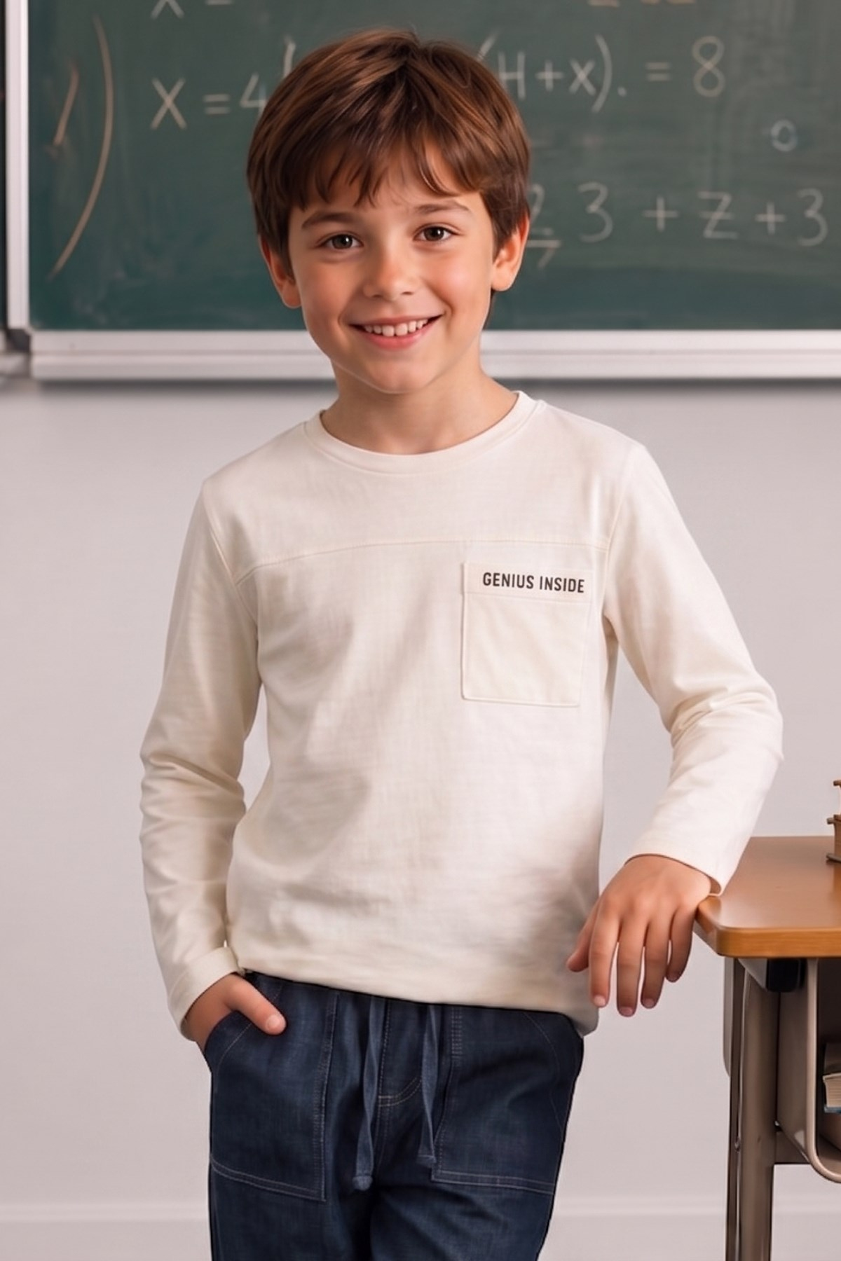 Erkek Çocuk Baskılı Uzun Kol T-shirt - Bej