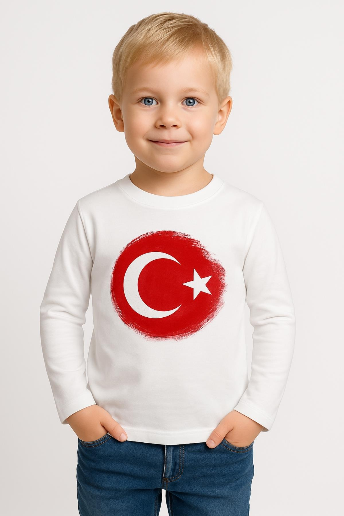 Erkek Çocuk Bayrak Baskılı Uzun Kol T-shirt - Beyaz