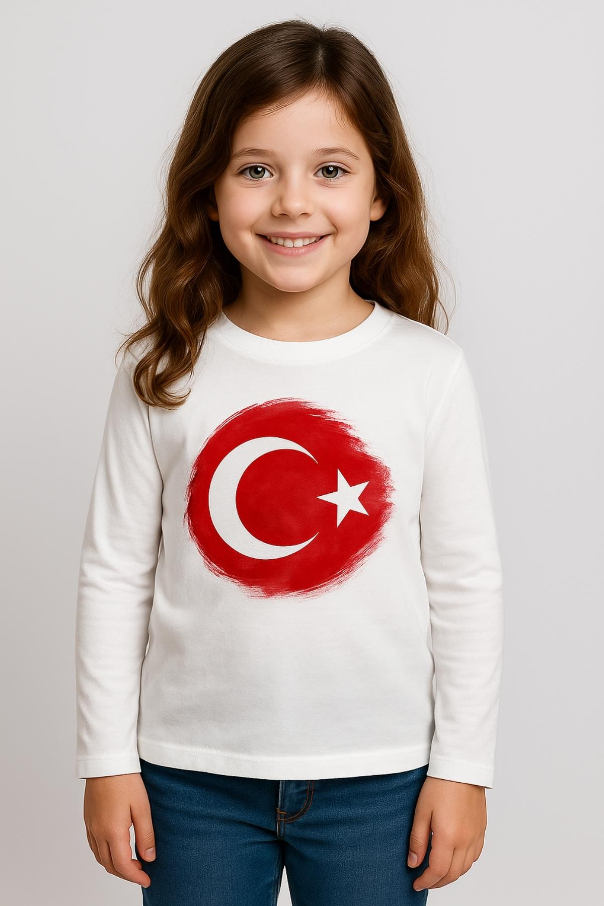 Erkek Çocuk Bayrak Baskılı Uzun Kol T-shirt - Beyaz