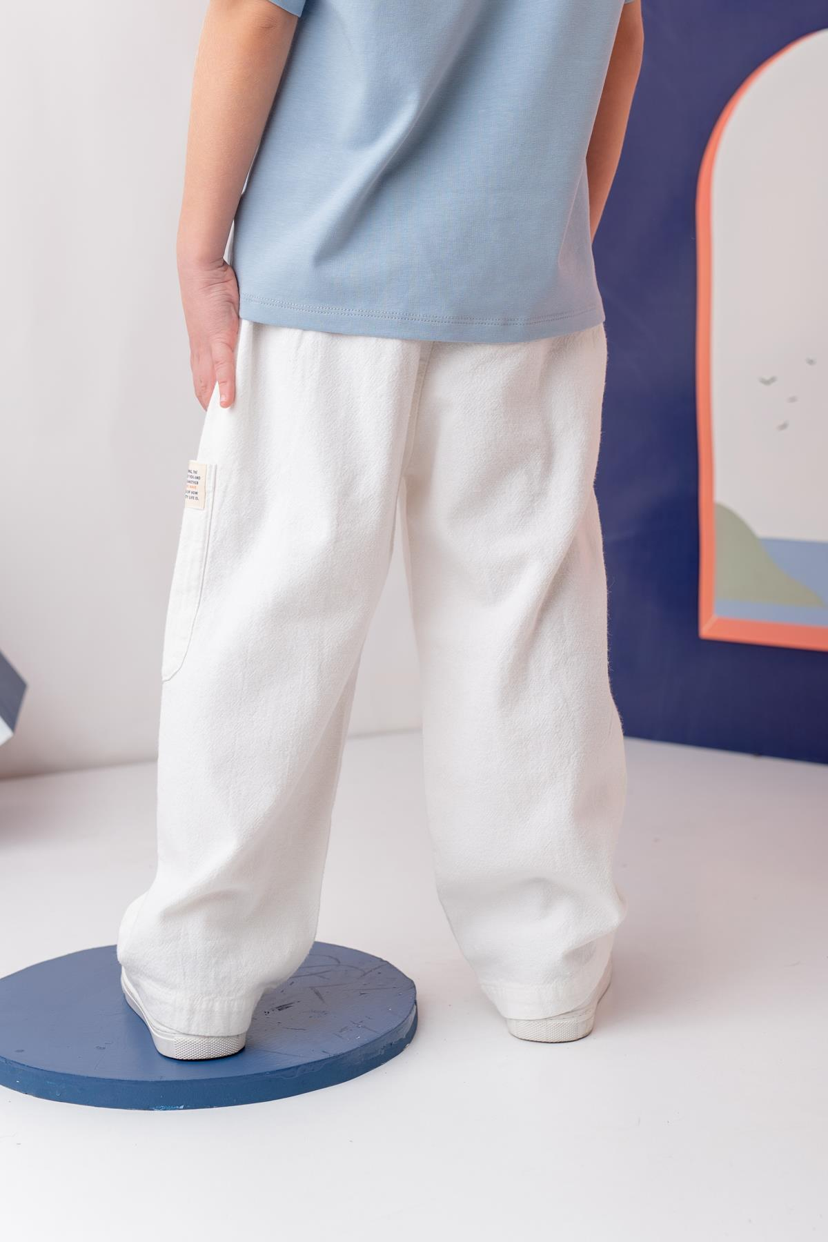 Erkek Çoçuk Çep Detaylı Lastikli Pantolon - Beyaz