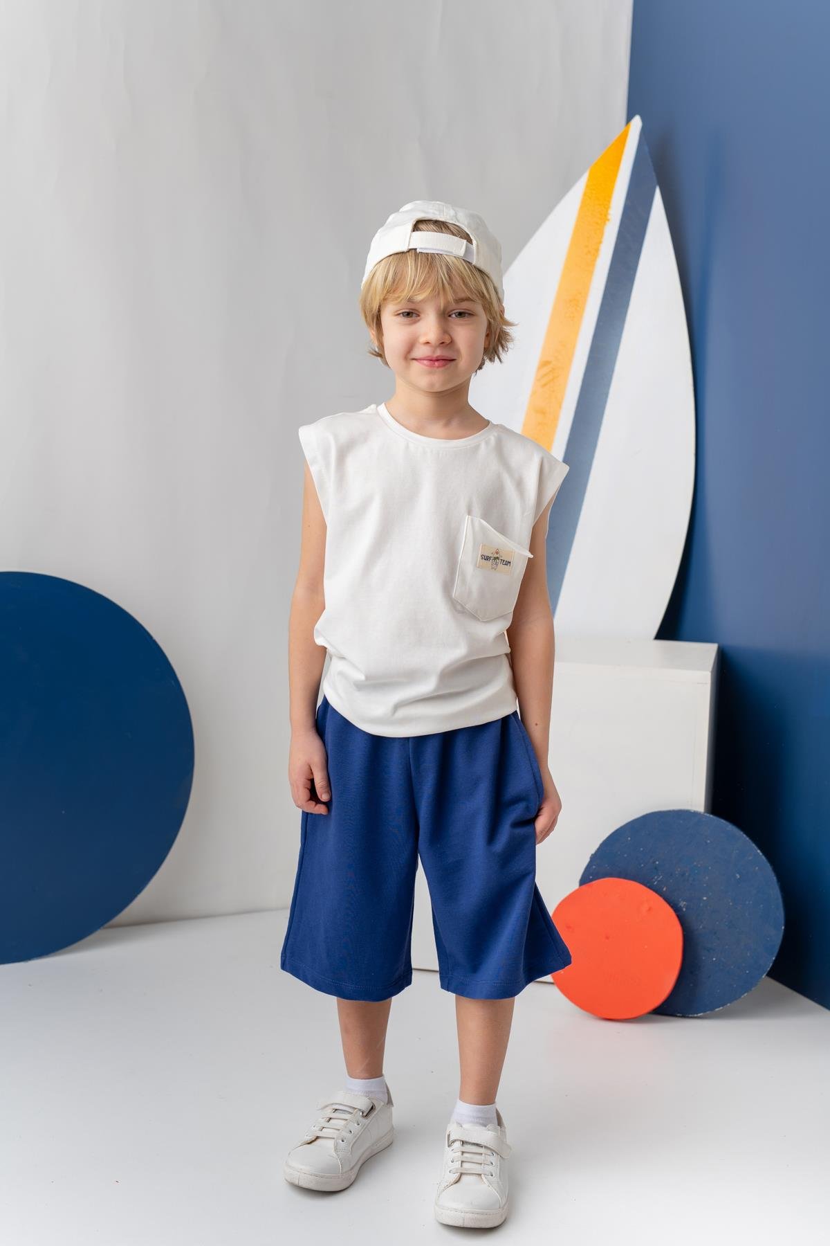 Erkek Çocuk Cepli Baskılı Atlet Diz Altı Şort Takım - Ekru