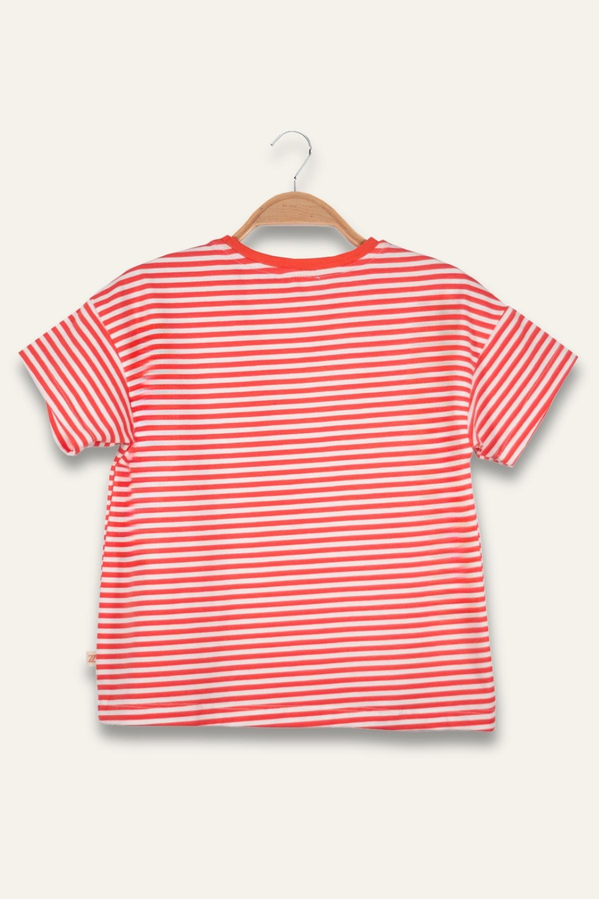 Erkek Çocuk Çizgili Çepli T-Shirt - Coral Çizgili