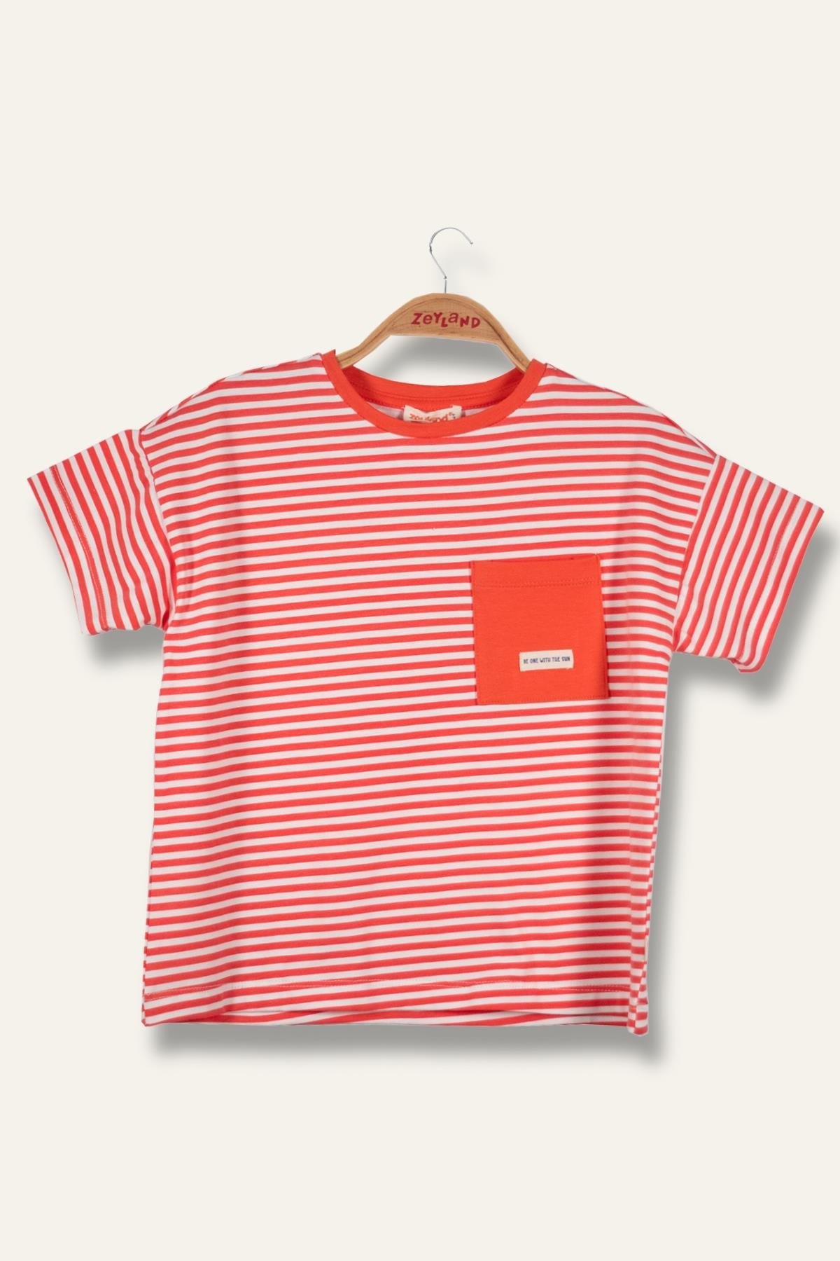 Erkek Çocuk Çizgili Çepli T-Shirt - Coral Çizgili