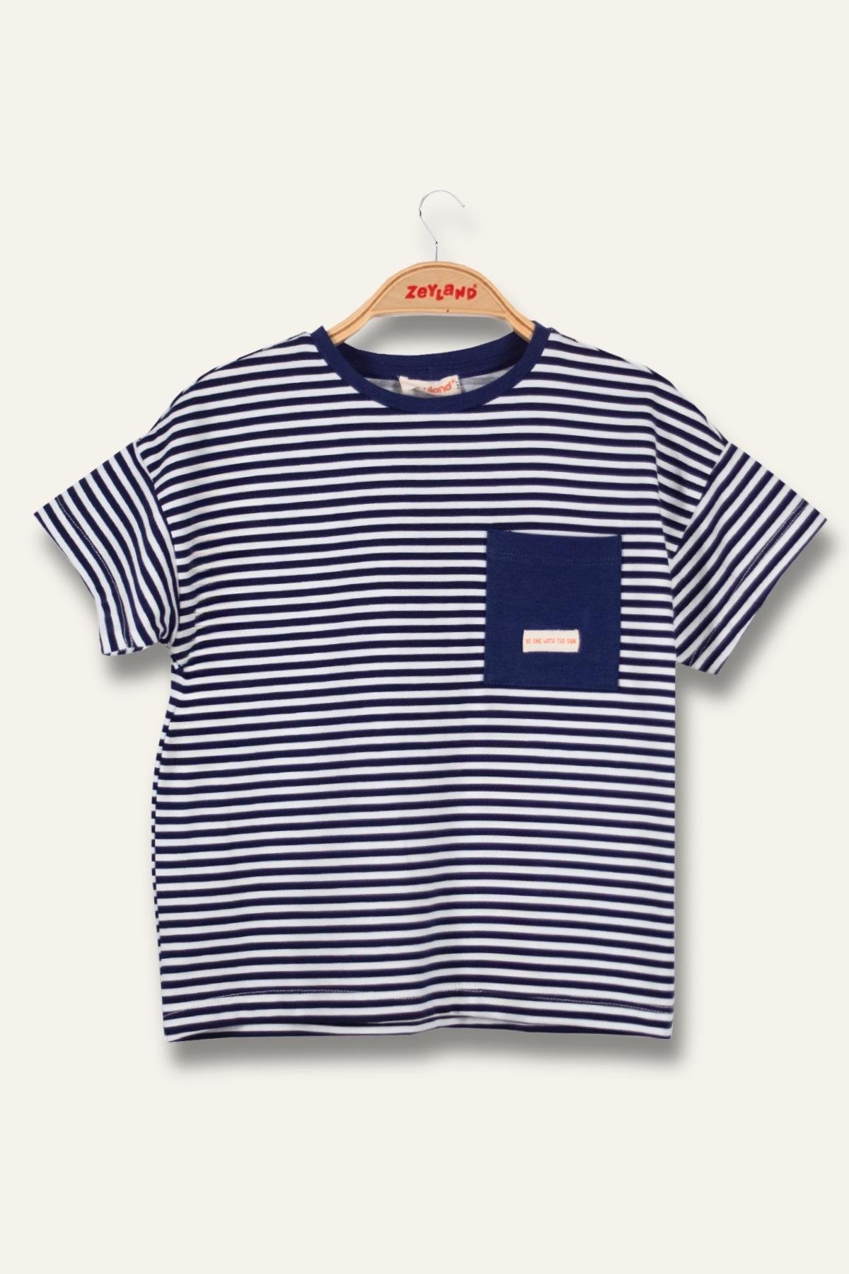 Erkek Çocuk Çizgili Çepli T-Shirt - Lacivert Çizgili