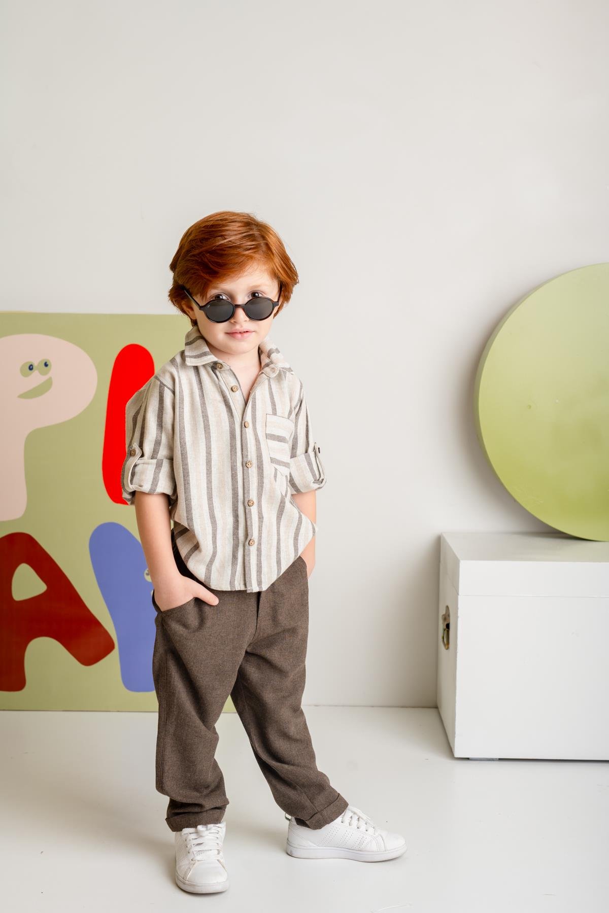 Erkek Çocuk Çizgili İnce Kaşe Gömlek - Kahverengi