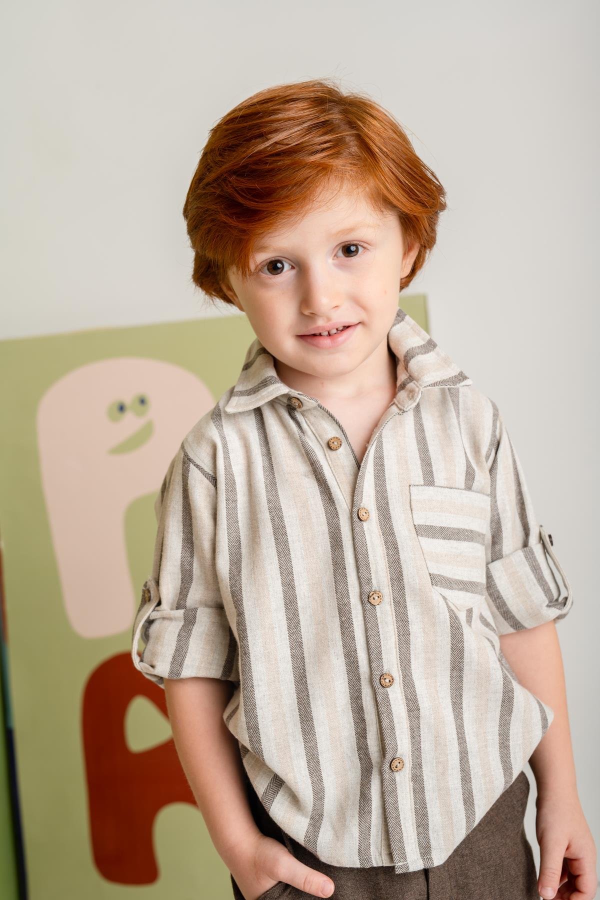 Erkek Çocuk Çizgili İnce Kaşe Gömlek - Kahverengi