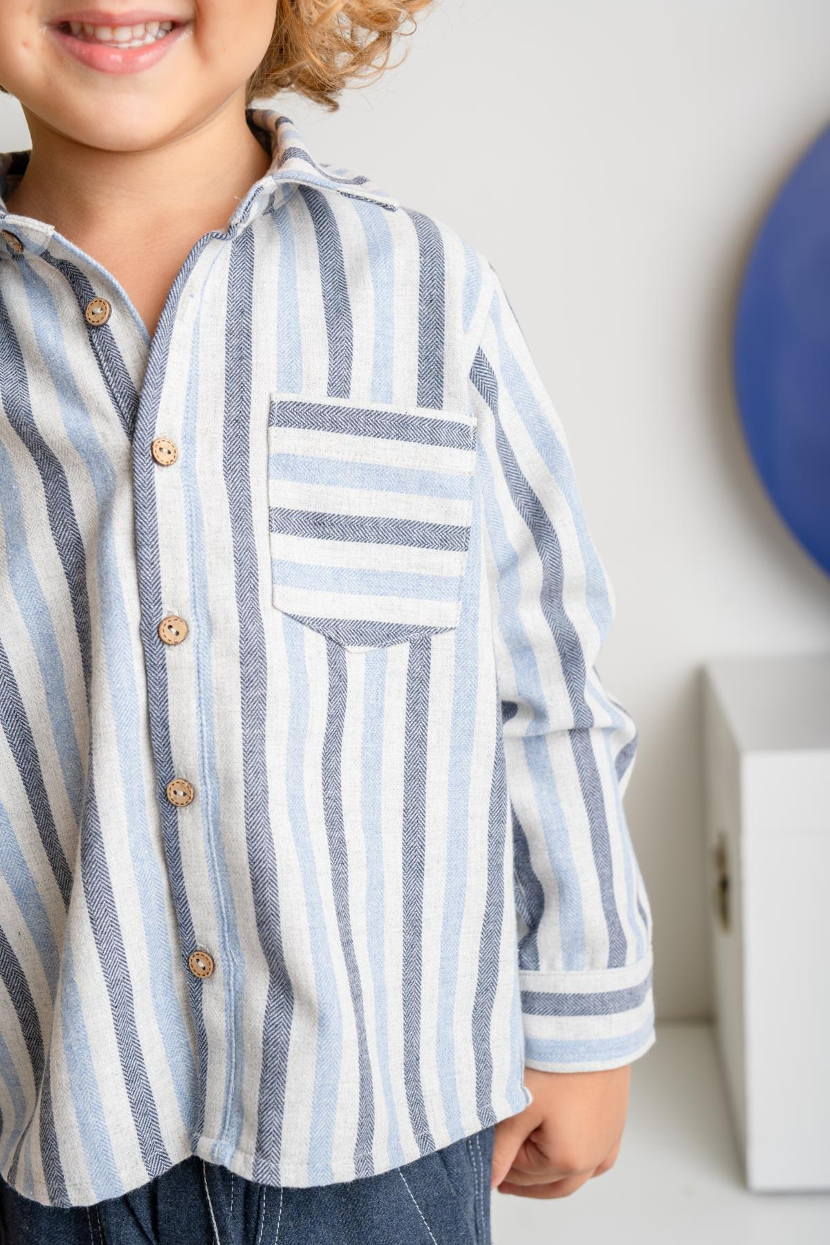 Erkek Çocuk Çizgili İnce Kaşe Gömlek - Lacivert