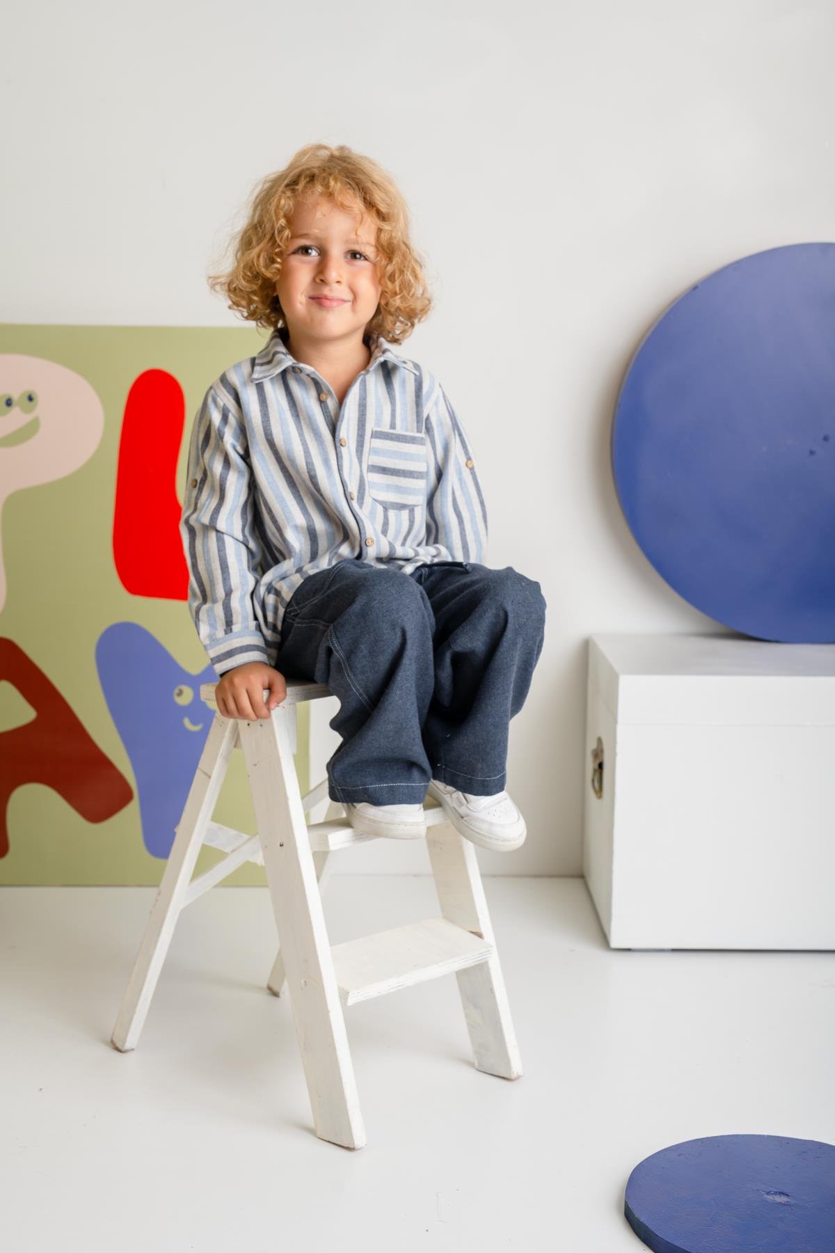 Erkek Çocuk Çizgili İnce Kaşe Gömlek - Lacivert