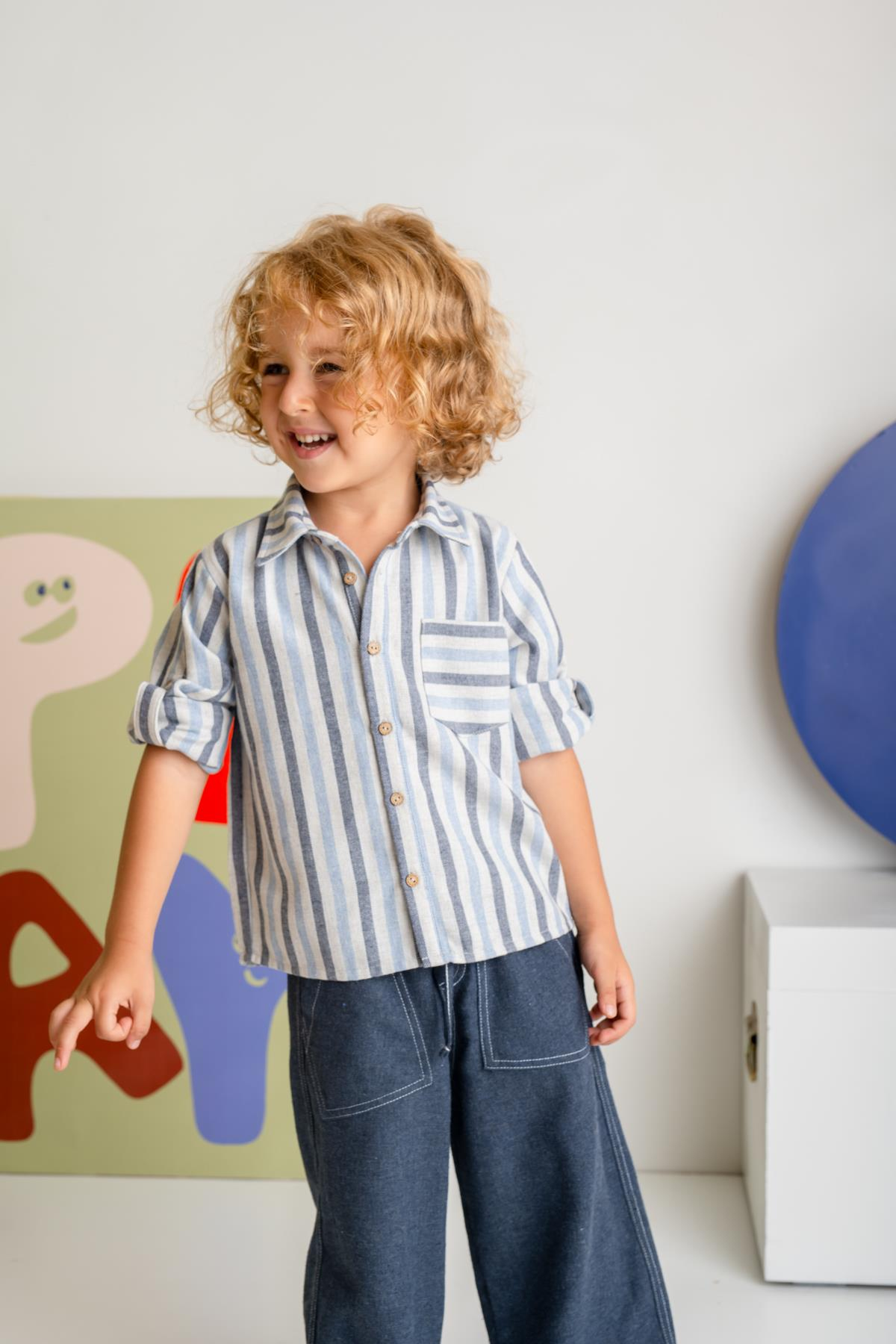 Erkek Çocuk Çizgili İnce Kaşe Gömlek - Lacivert