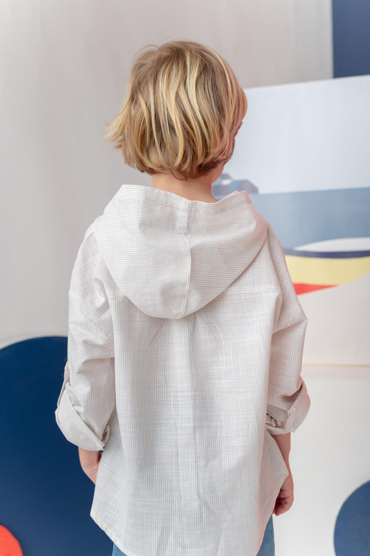 Erkek Çocuk Çizgili Keten Gömlek - Bej Çizgili