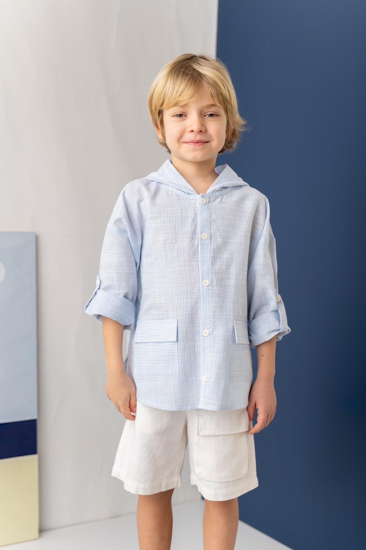 Erkek Çocuk Çizgili Keten Gömlek - Mavi Çizgili