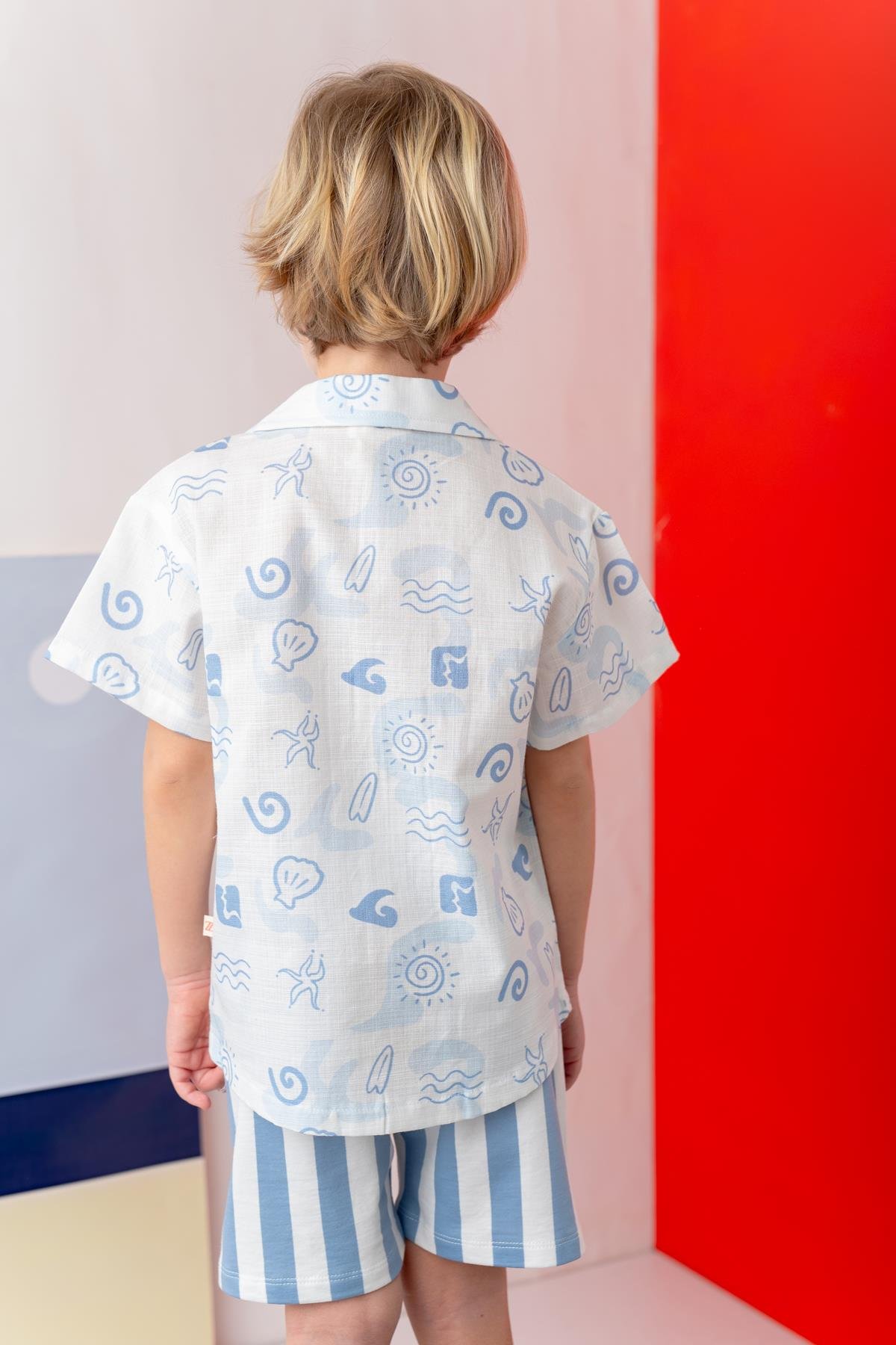 Erkek Çocuk Desenli Keten Gömlek - Mavi