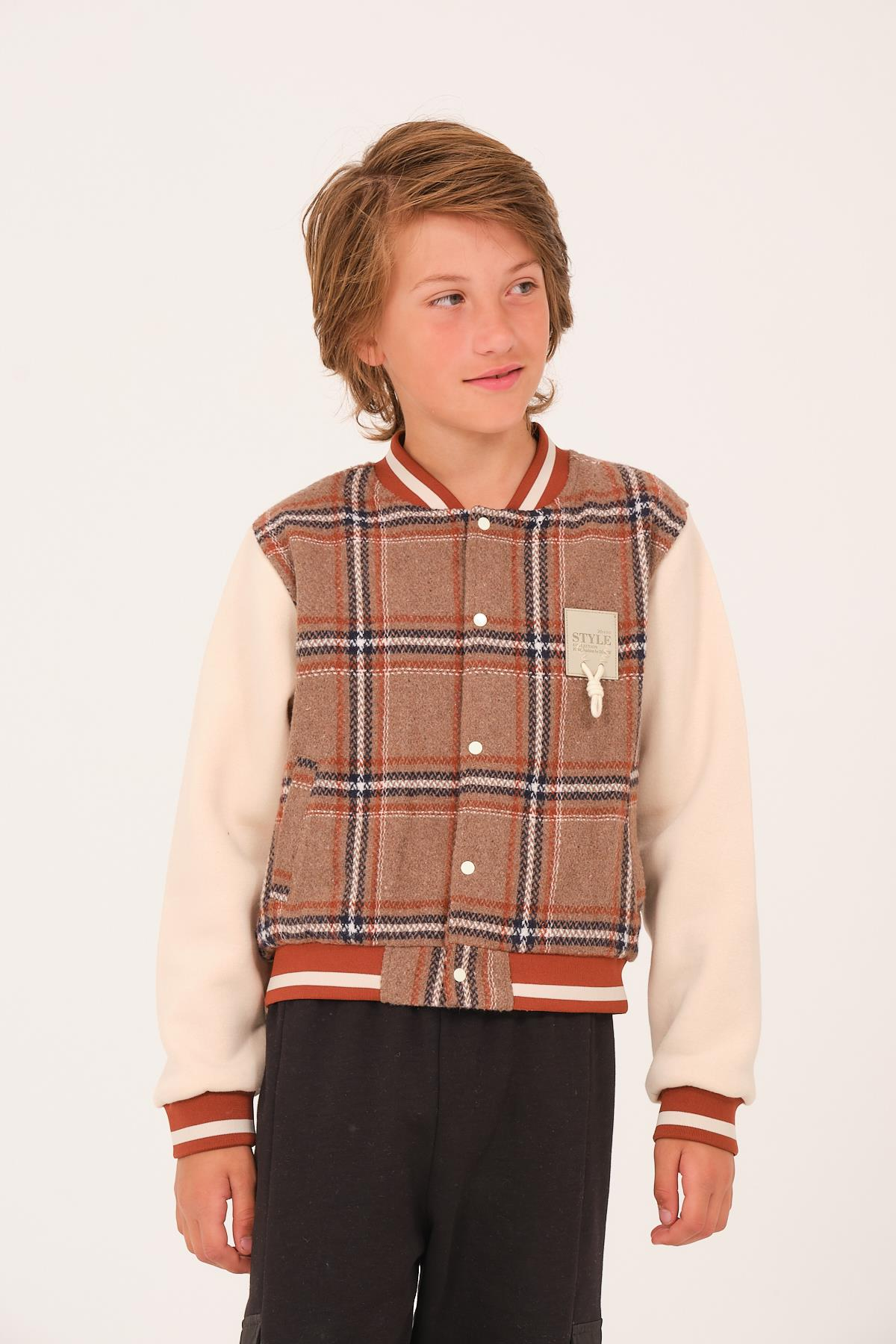 Erkek Çocuk Ekose Desen Kolej Ceket - Vizon