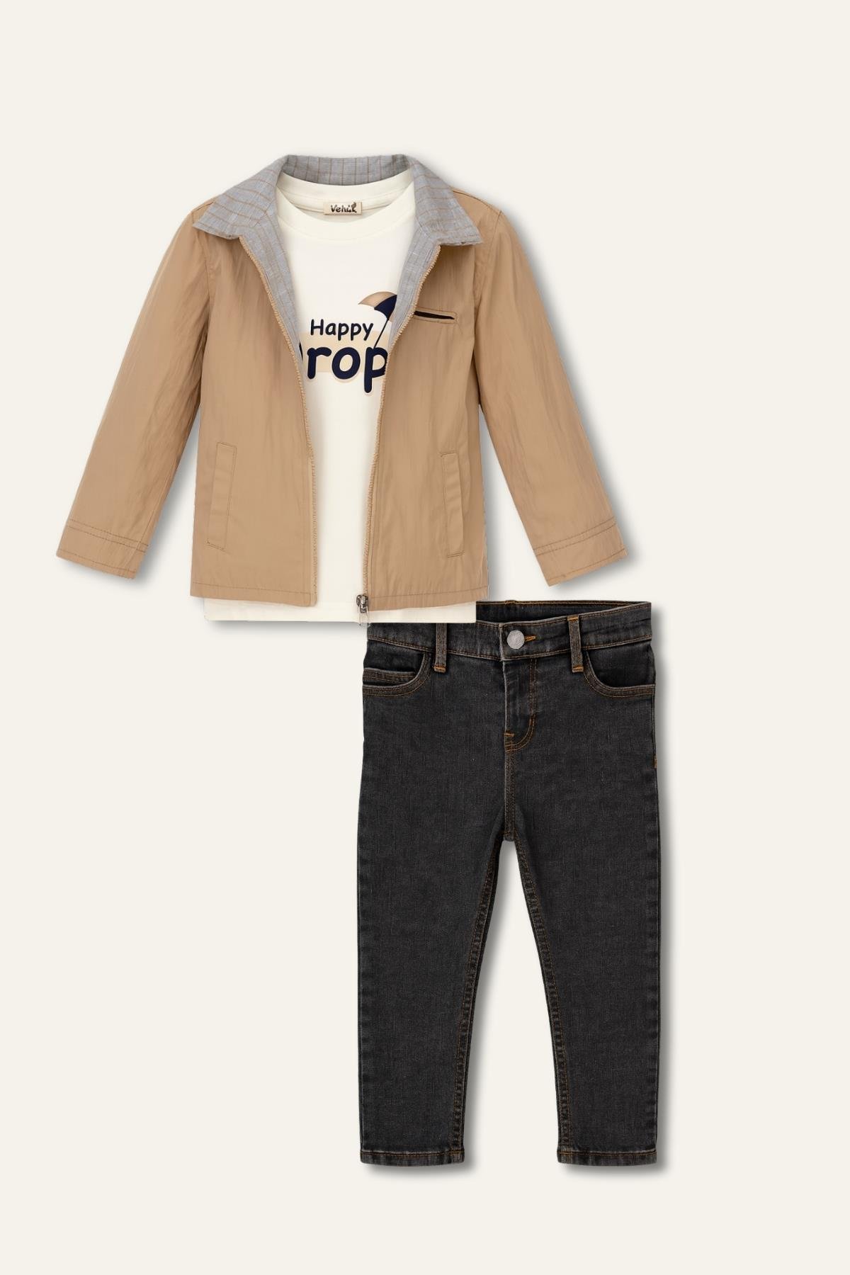 Erkek Çocuk Fermuarlı Yağmurluk Detaylı Üçlü Takım - Bej