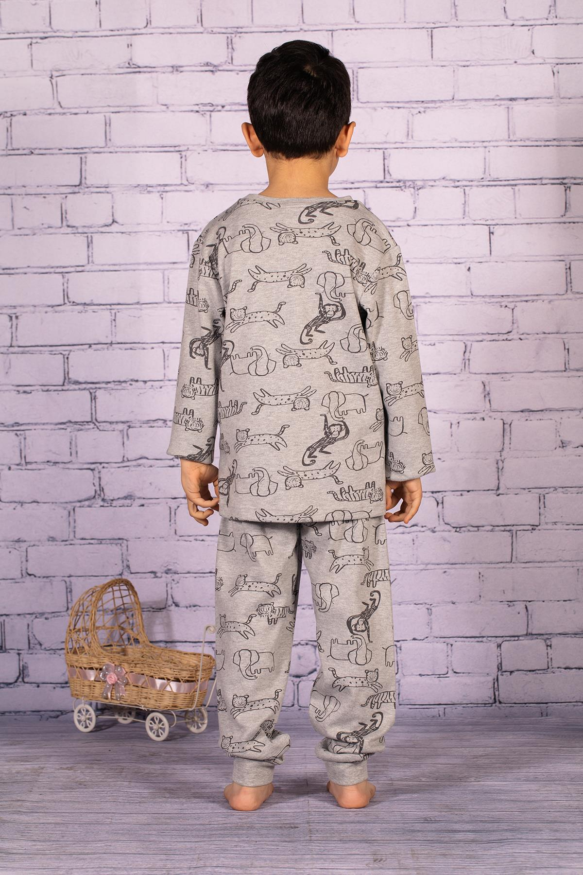 Erkek Çocuk Gri Hayvan Desenli Pijama Takımı