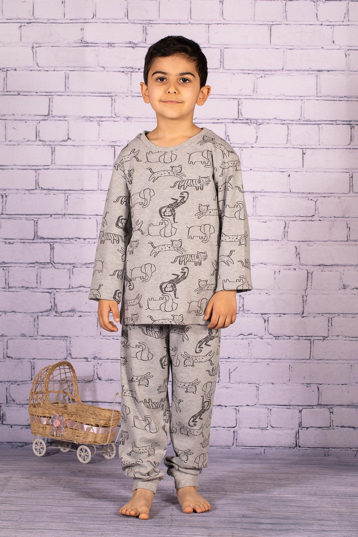 Erkek Çocuk Gri Hayvan Desenli Pijama Takımı