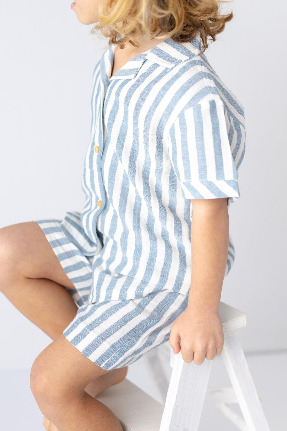 ERKEK COCUK INDIGO CIZGILI MUSLIN GOMLEK 