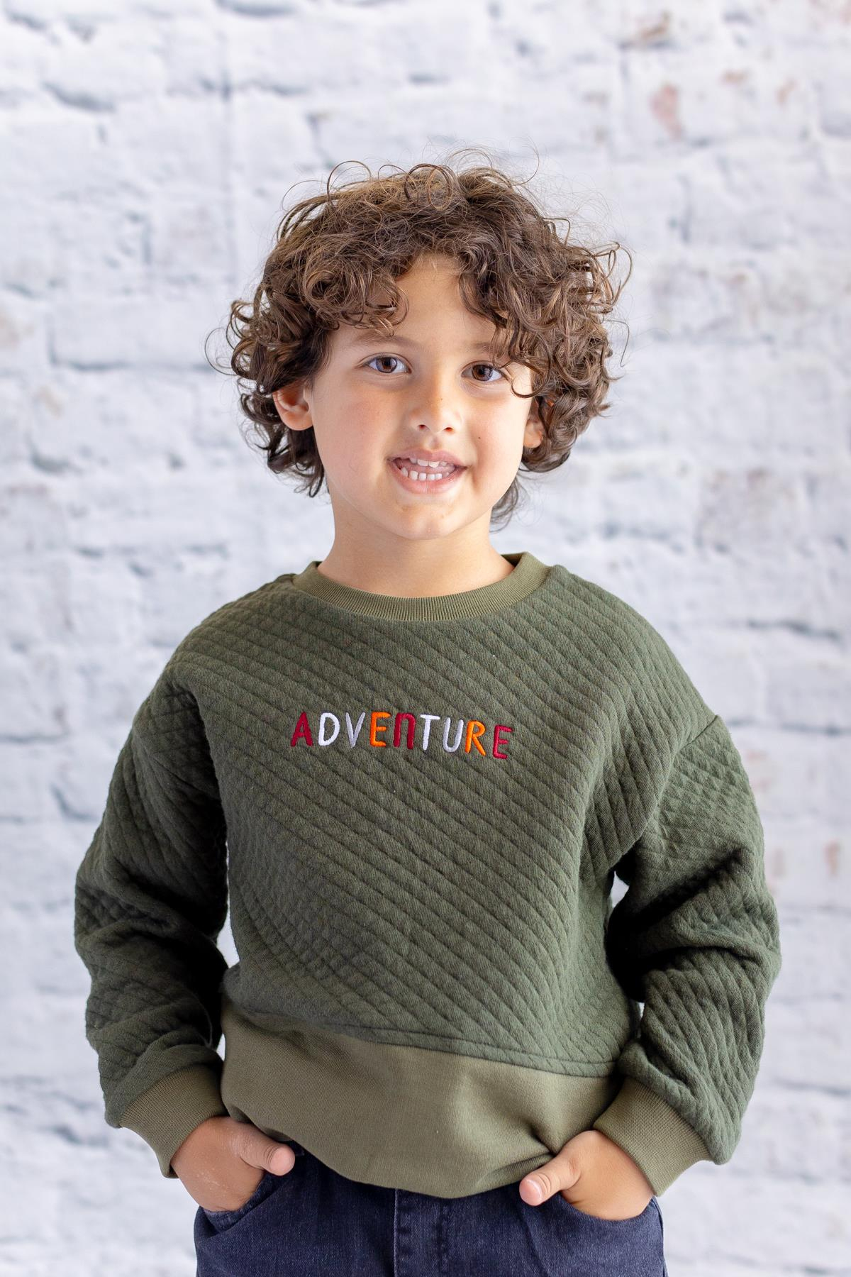 Erkek Çocuk Kapitone Nakış Detaylı Sweatshirt - Haki