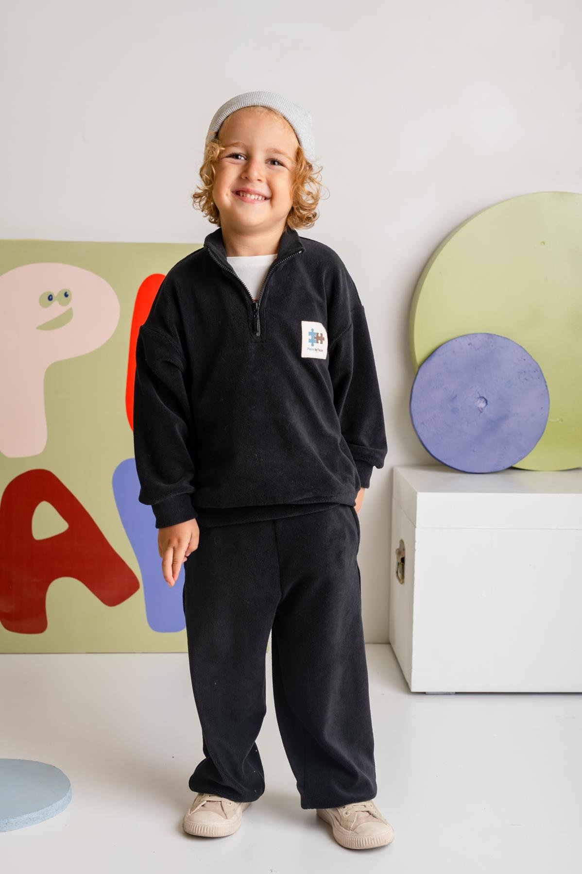 Erkek Çocuk Kapşonlu Fermuarlı Polar İkili Takım - Siyah