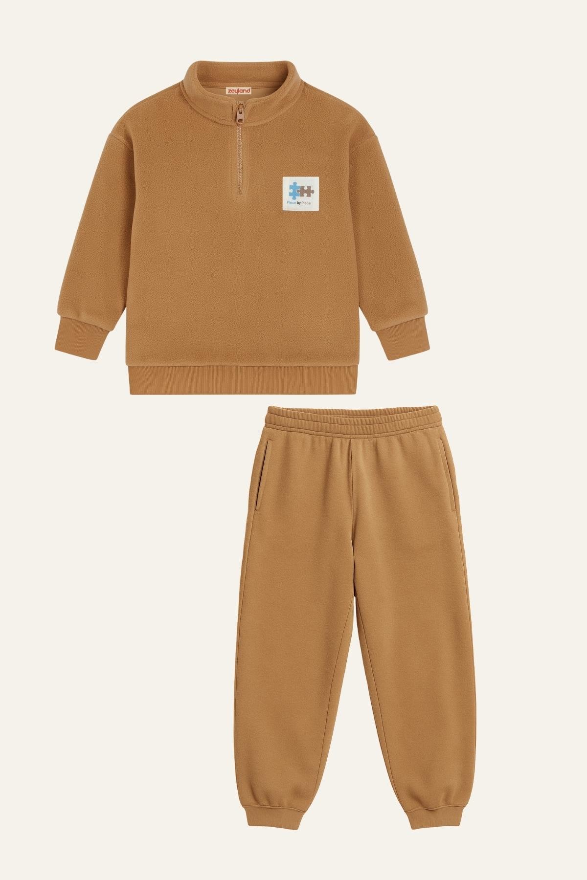 Erkek Çocuk Kapşonlu Fermuarlı Polar İkili Takım - Kahverengi