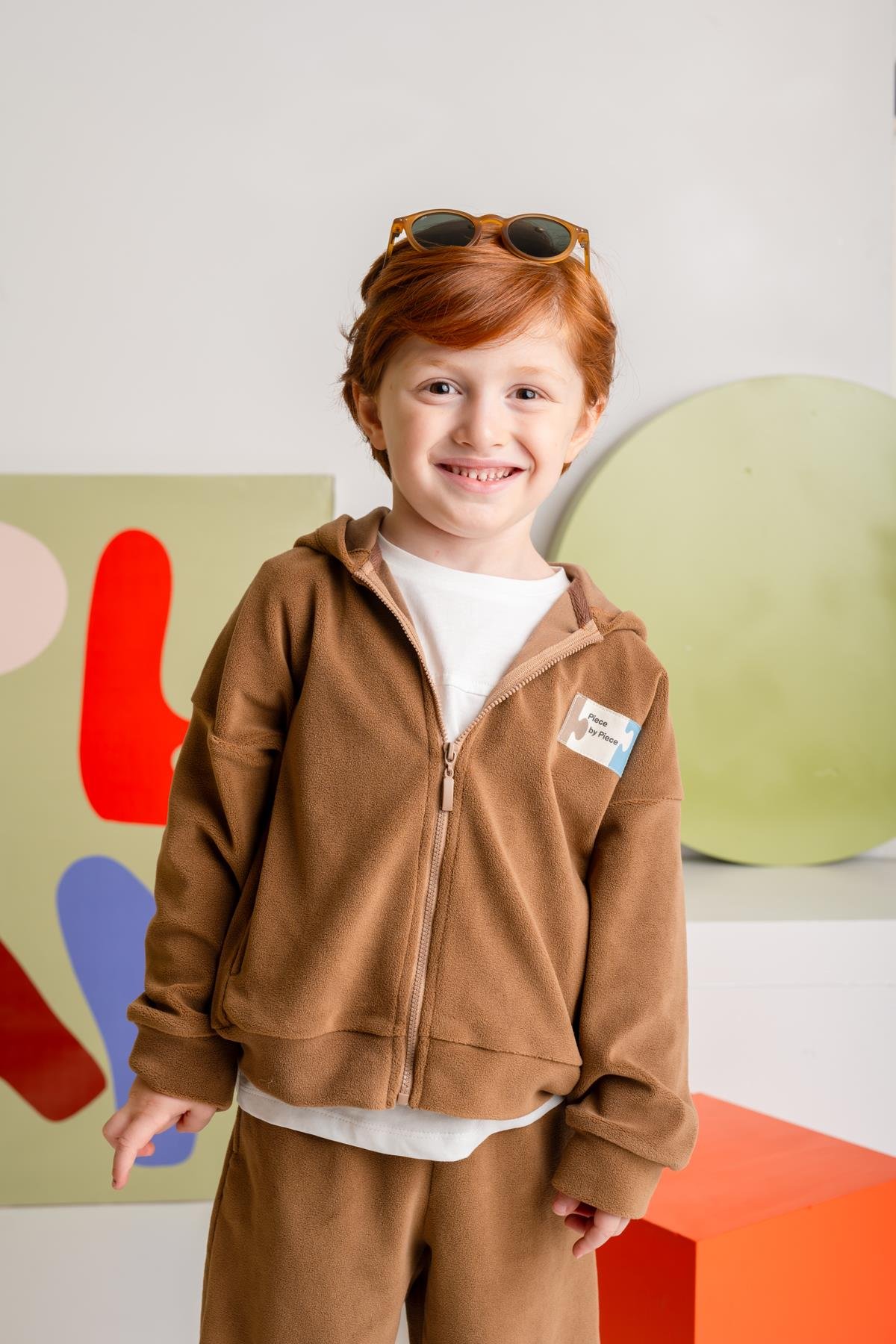 Erkek Çocuk Kapşonlu Fermuarlı Polar İkili Takım - Kahverengi