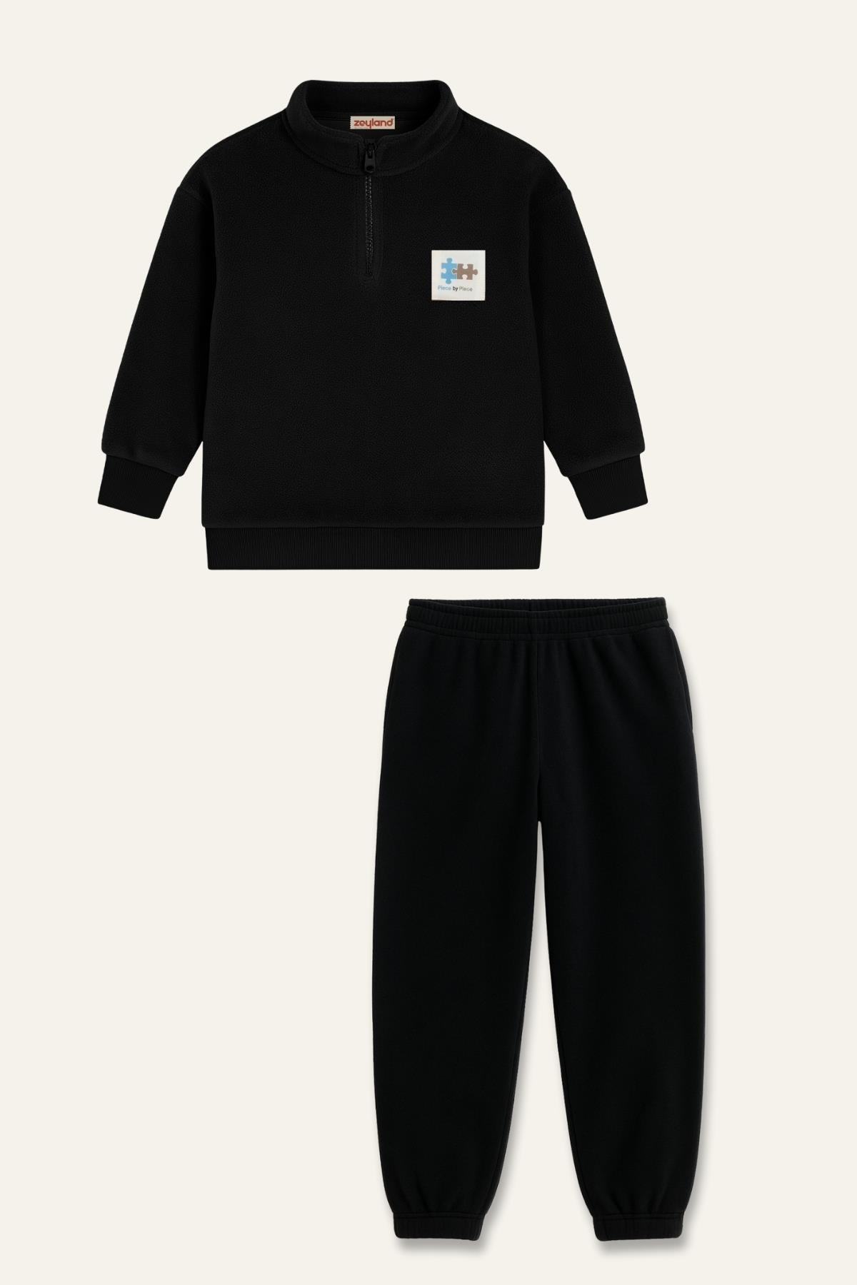 Erkek Çocuk Kapşonlu Fermuarlı Polar İkili Takım - Siyah