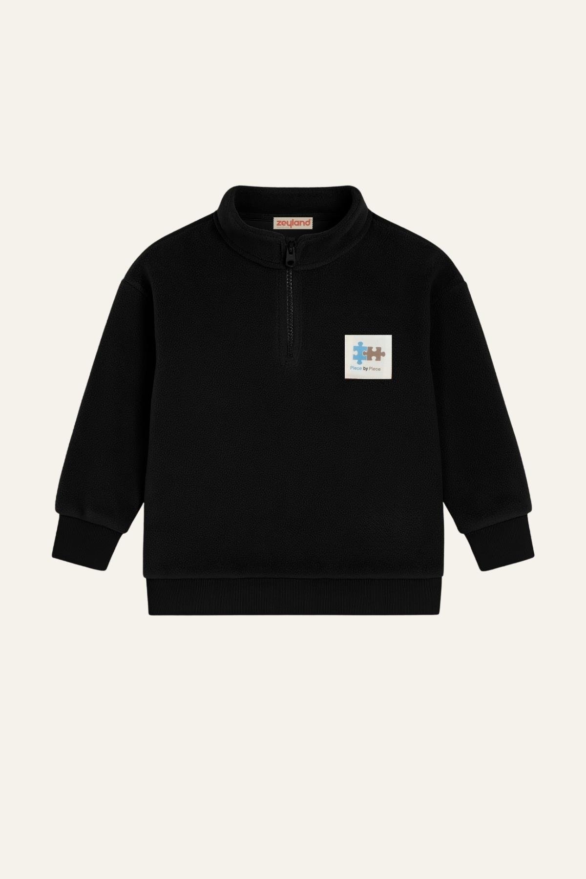 Erkek Çocuk Kapşonlu Fermuarlı Polar İkili Takım - Siyah